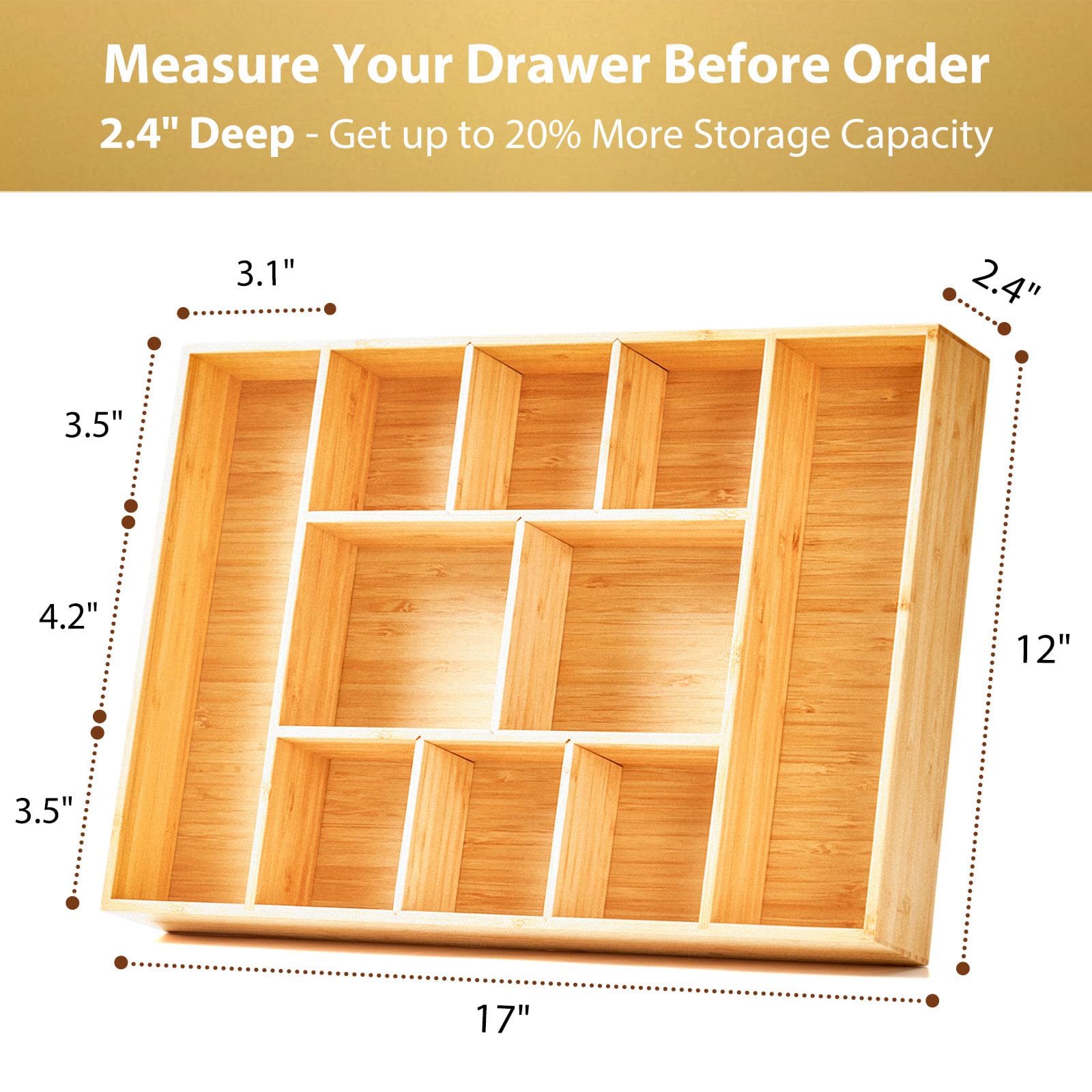 Umilife Extra Large Bamboo Desk Drawer Organizer, Wood Junk Organizer Tray with Adjustable
