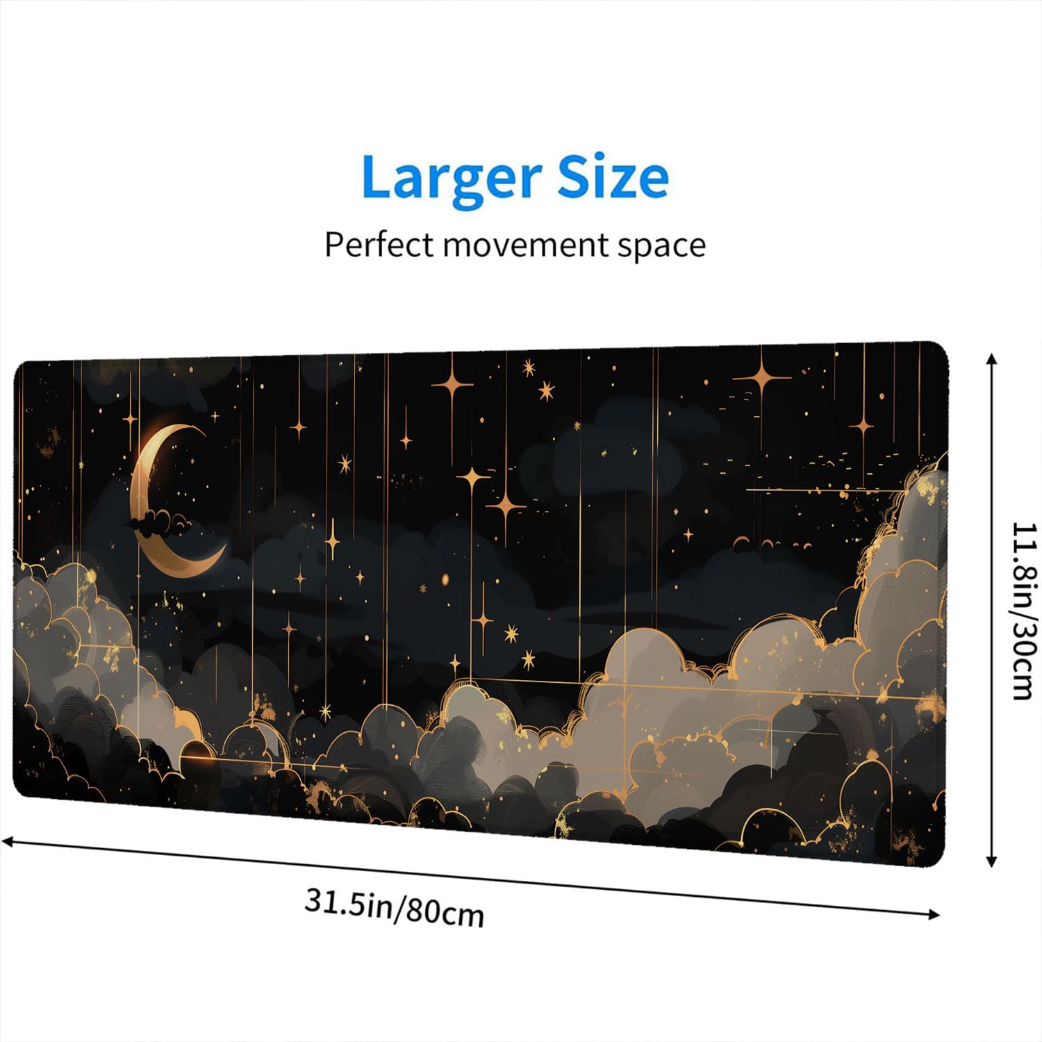 Black Gold Celestial Desk Mat - Extended Gaming Mouse Pad with Stitched Edge Non-Slip Base