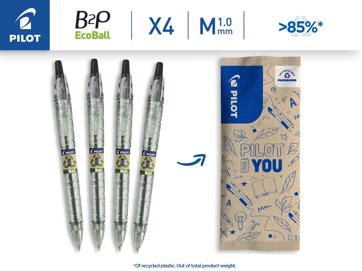 PILOT - Pack of 4 B2P Ecoball 1.0mm - Retractable and refillable ballpoint pen, made from recycled