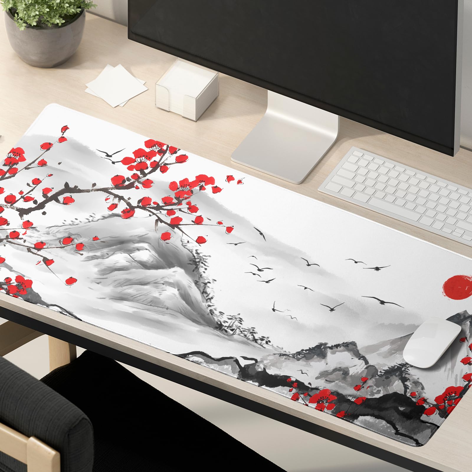 Watercolor Cherry Blossom Mouse Pad 35.4x15.7in Extended Large Japanese Sakura Full Desk Pad