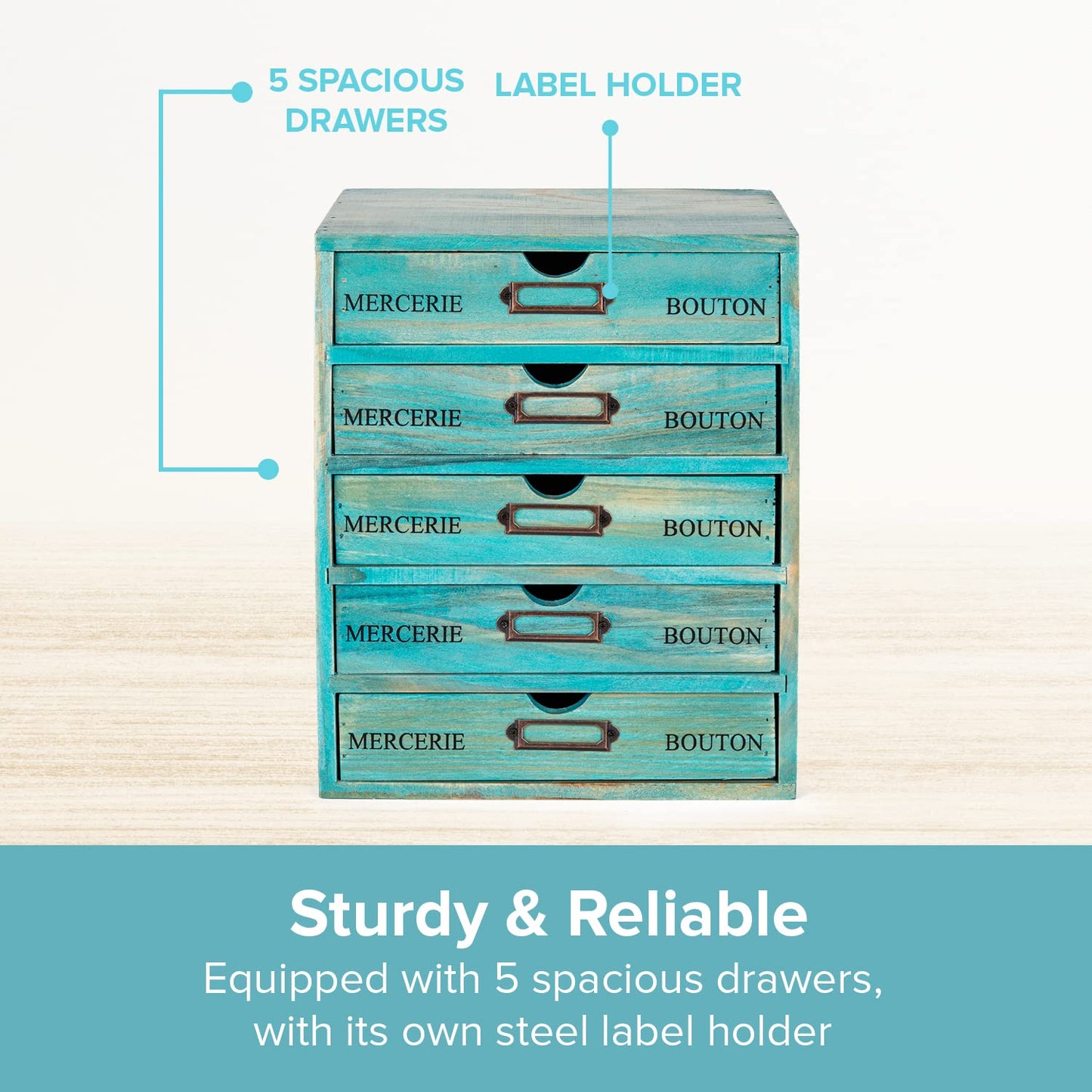 Turquoise 5-Tier Drawer Desktop Curio Cabinet - French Farmhouse Country Desk Organizer Box