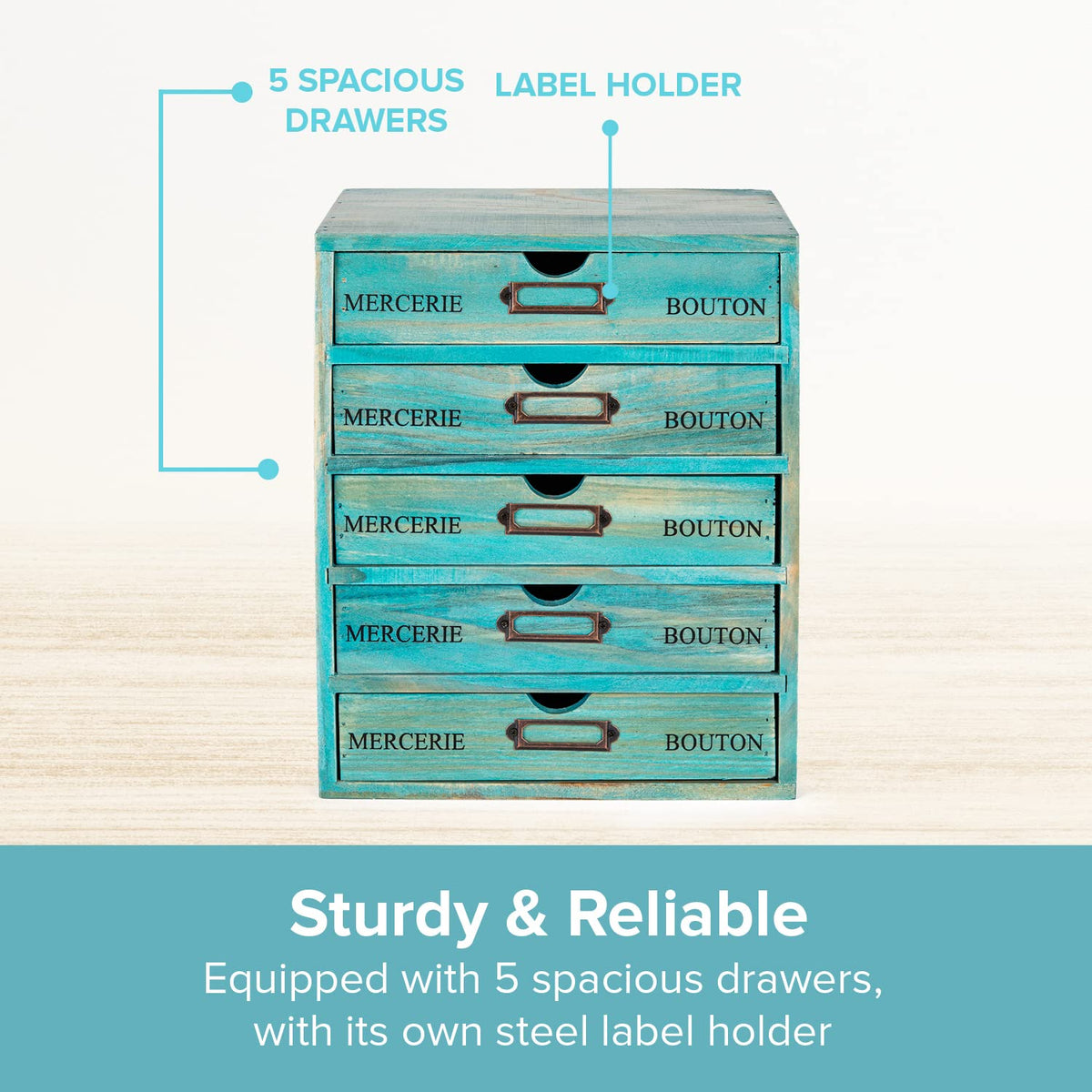 Turquoise 5-Tier Drawer Desktop Curio Cabinet - French Farmhouse Country Desk Organizer Box
