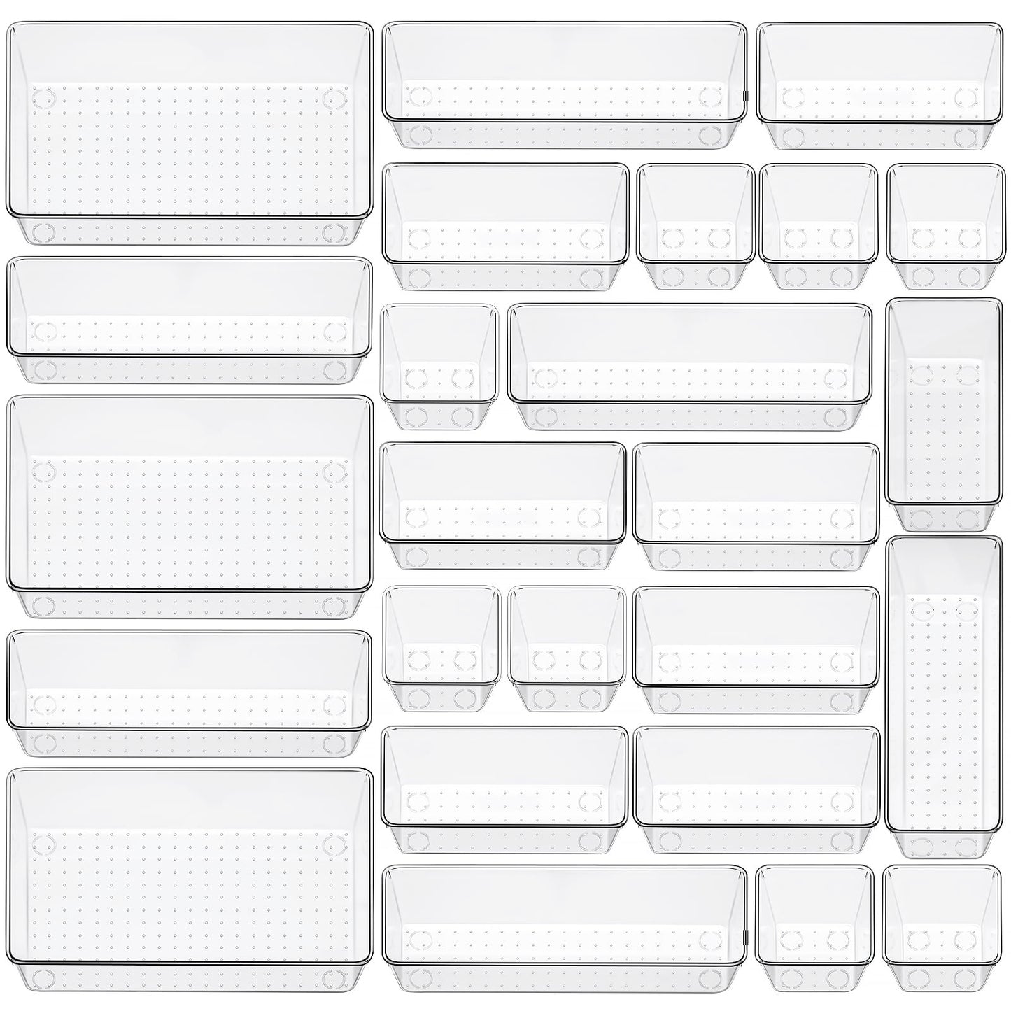 25 Piece Clear Drawer Organizer Set, 4 Sizes Bathroom Vanity Organizer Trays and Storage Bins for