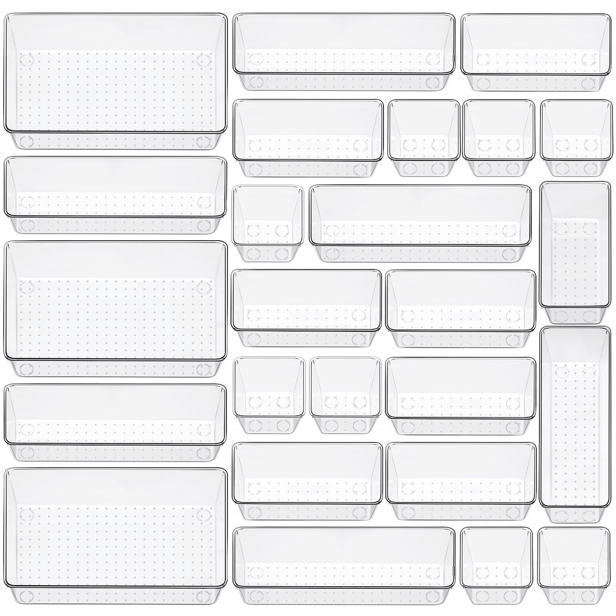 25 Piece Clear Drawer Organizer Set, 4 Sizes Bathroom Vanity Organizer Trays and Storage Bins for