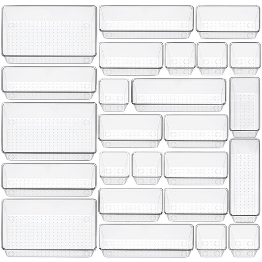 25 Piece Clear Drawer Organizer Set, 4 Sizes Bathroom Vanity Organizer Trays and Storage Bins for