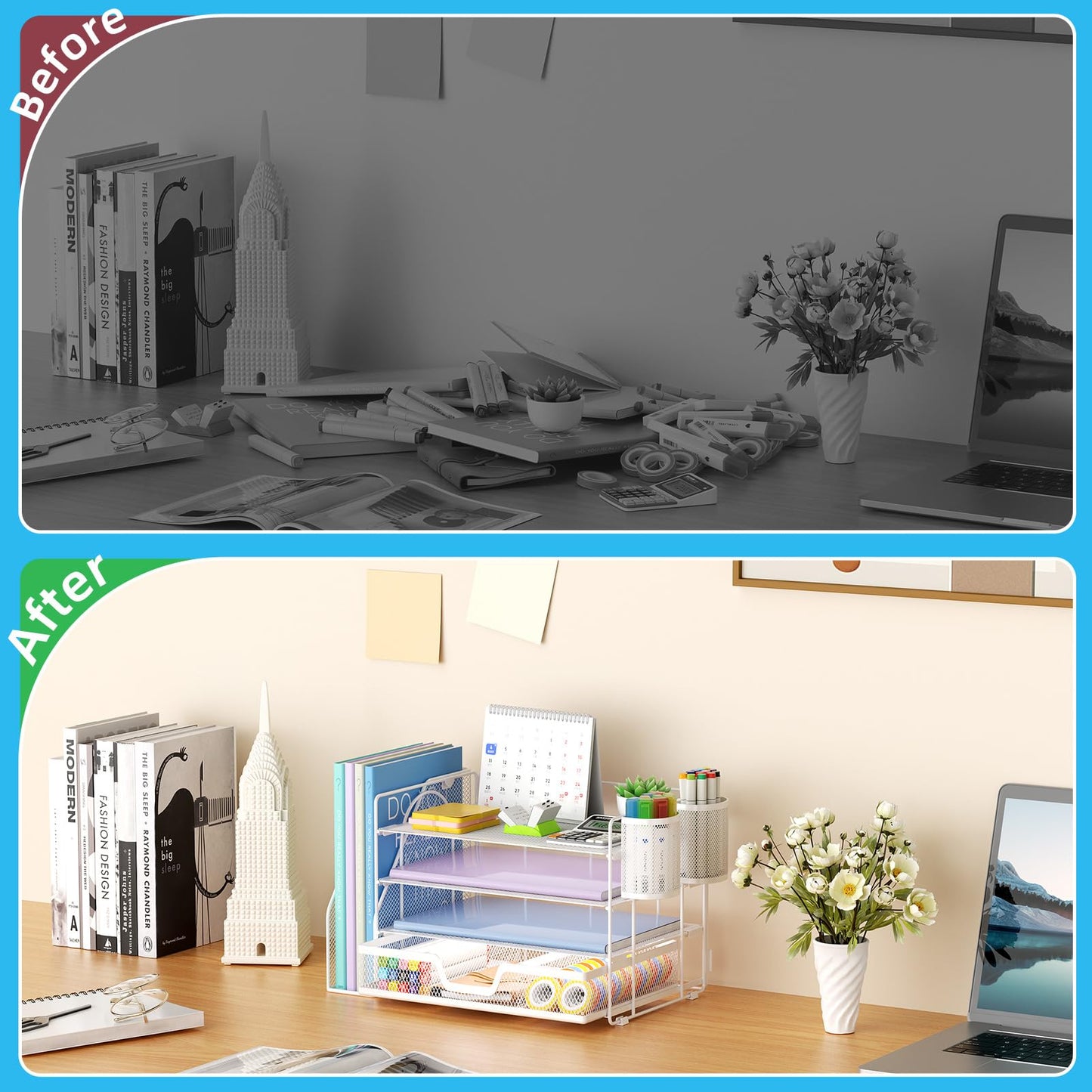 Marbrasse 4-Tier Paper Tray Organizer with Drawer and Pen Holder, White