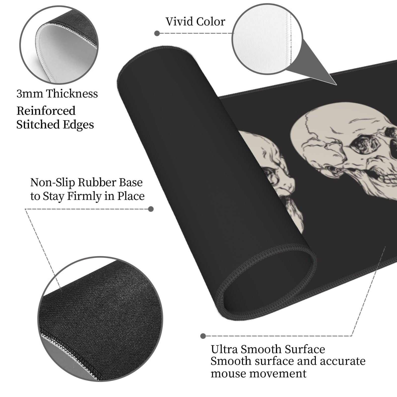 Human Skull Gaming Mouse Pad Non Slip XL Large Mousepad Stitched Edge Rubber Base Desk Mat for