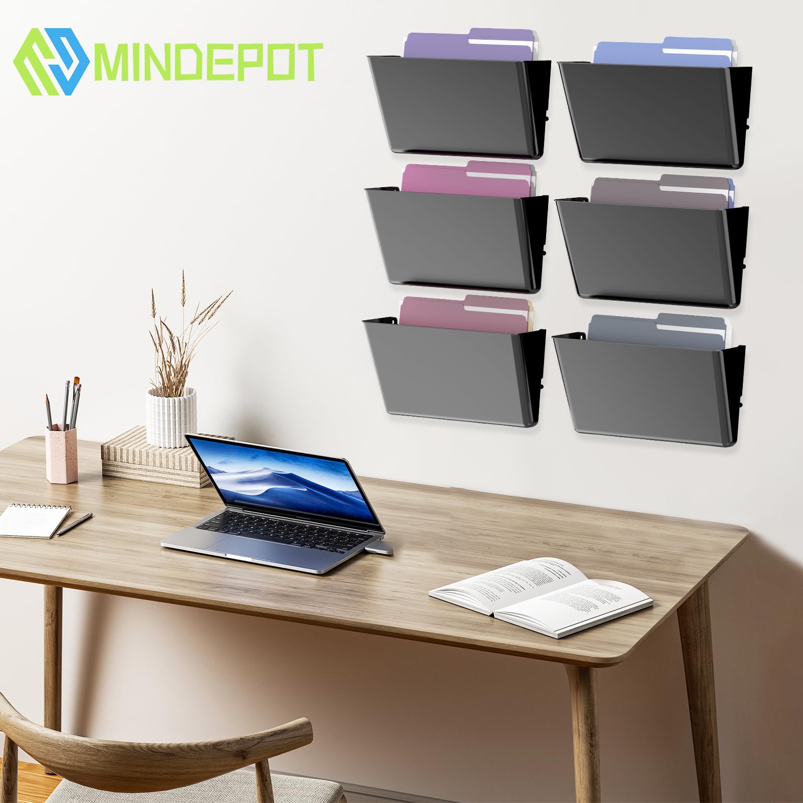 MINDEPOT 6 Pockets Acrylic Wall File Organizer, Wall File Holder Black