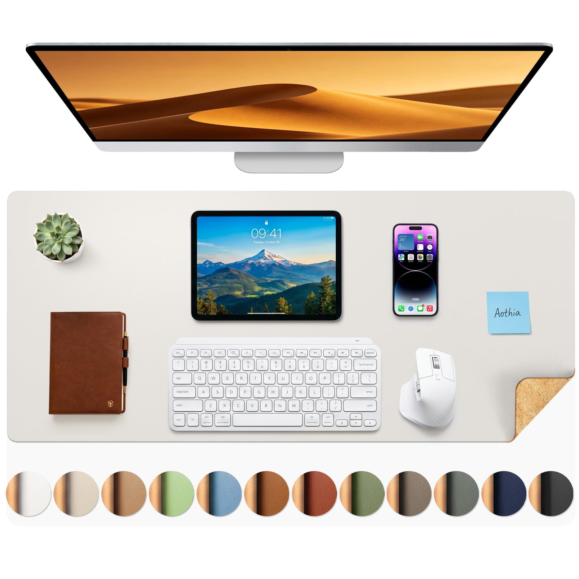 Aothia Dual-Sided Desk Mat - Leather & Cork Desk Protector, Large Mouse Pad & Writing Pad