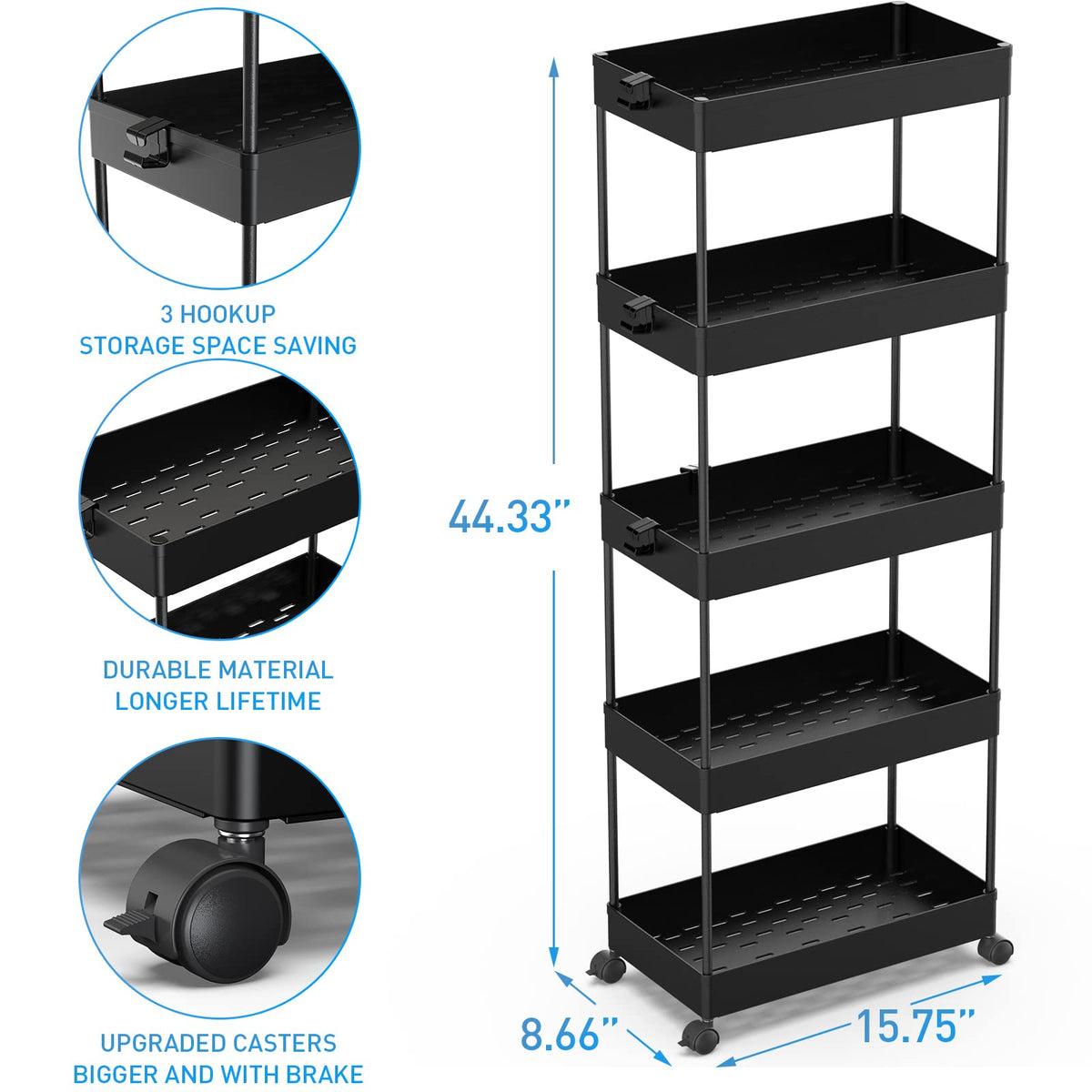 SPACEKEEPER 5 Tier Storage Rolling Cart, Bathroom Cart with Wheels, Black