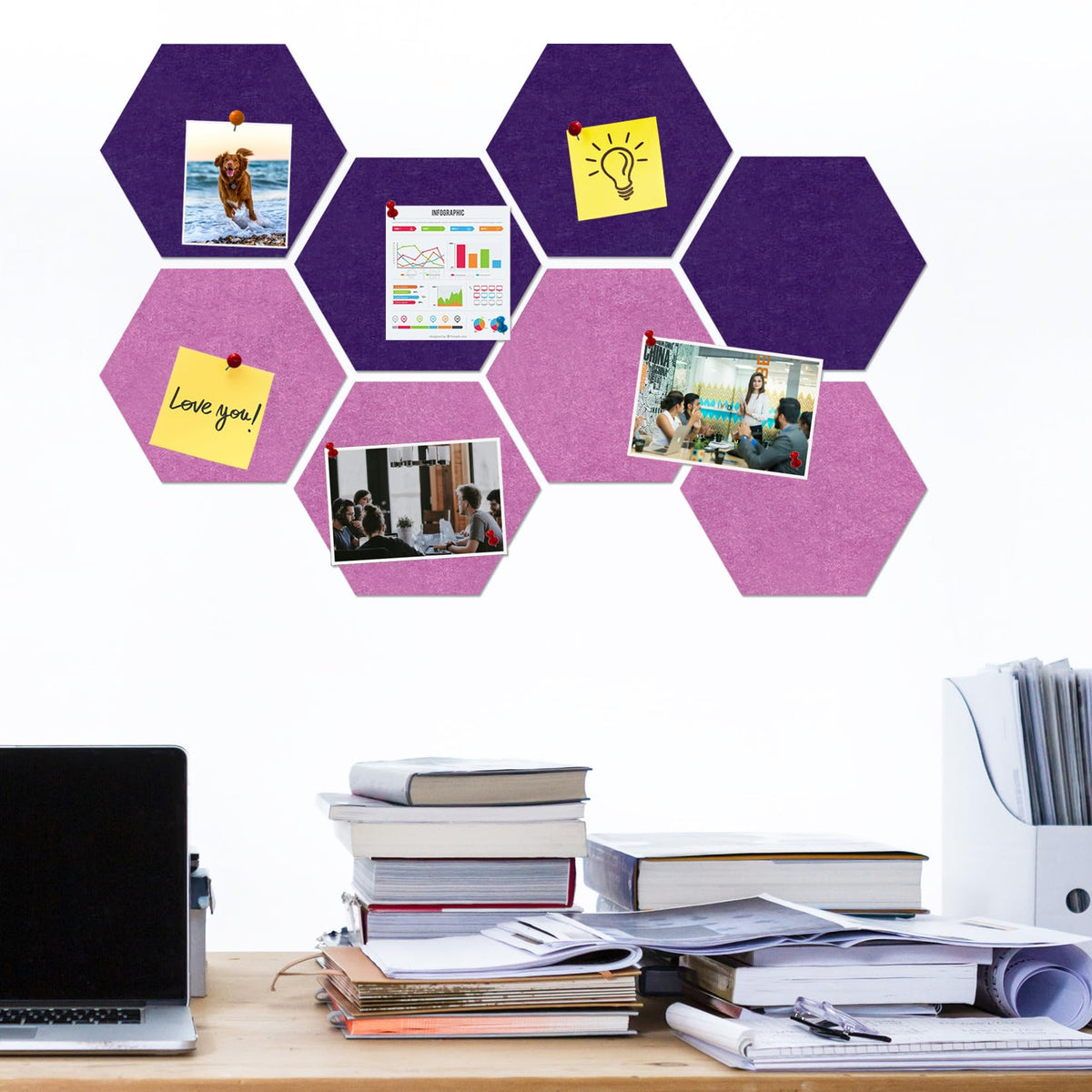 HULAVO Large Hexagon Felt Cork Board Tiles, Self Adhesive DIY Felt Bulletin Board Pin Board with 35