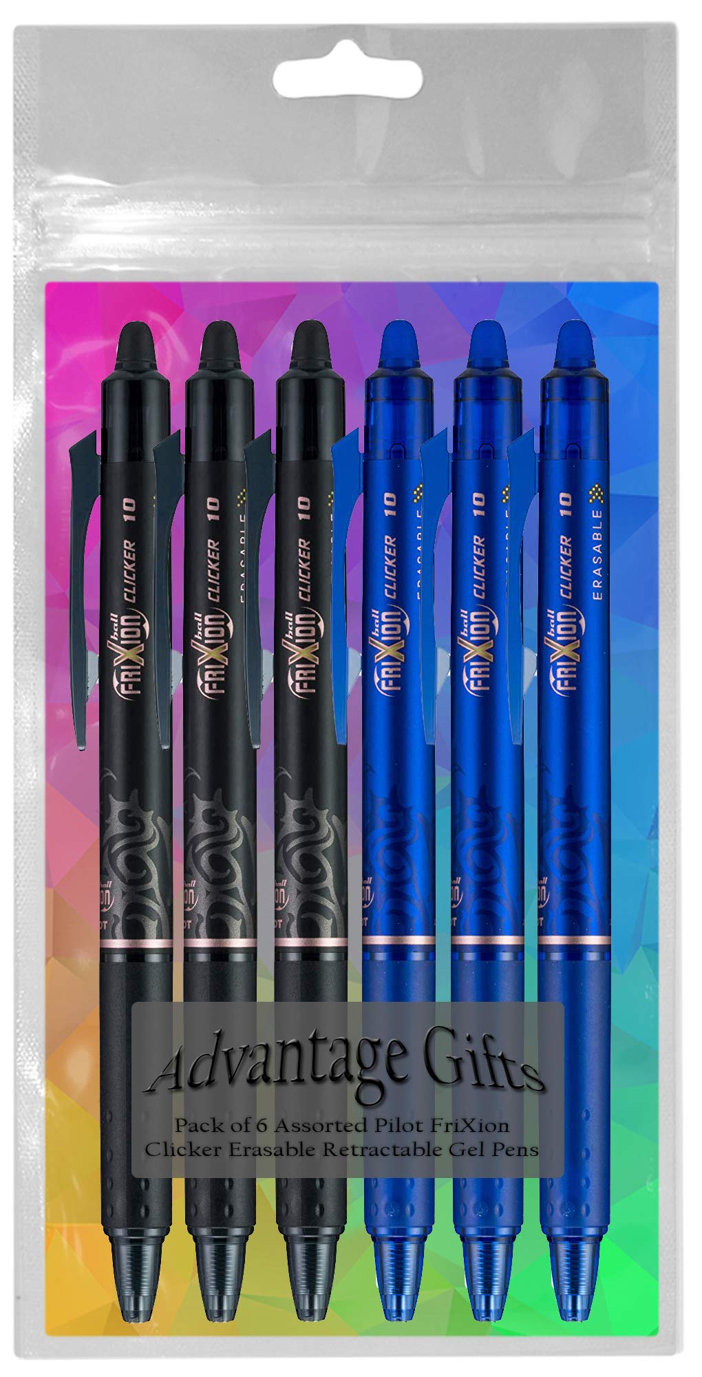 Clicker Retractable Erasable Gel Pen, Black/Blue, Bold Point, 6-pk;