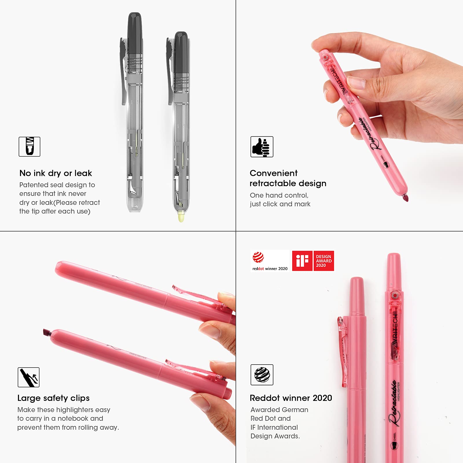 WRITECH Retractable Highlighters Chisel Tip: Assorted Colors 24ct Set
