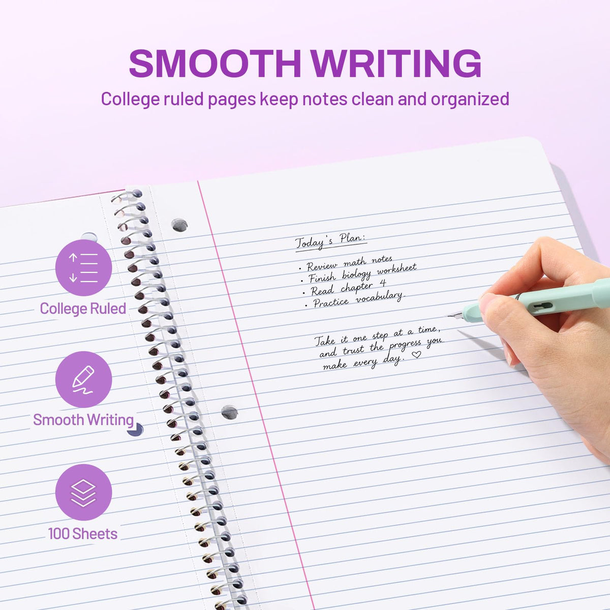 SUNEE Spiral Notebook, 1-Subject, College Ruled Paper, 8" x 10-1/2", 100 Sheets per Notebook