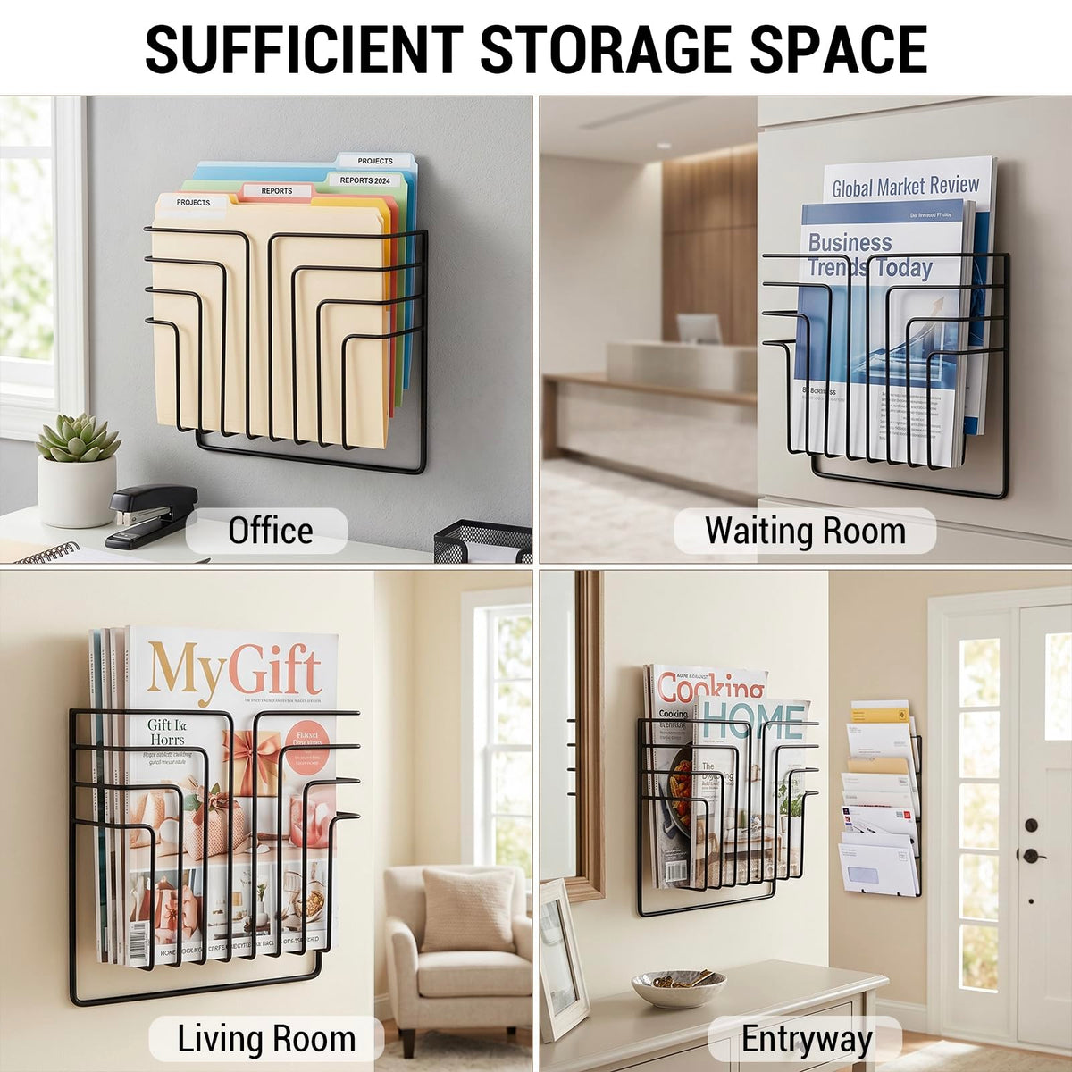 MyGift Black Metal Wire Wall Mounted Magazine File Holder Organizer Rack