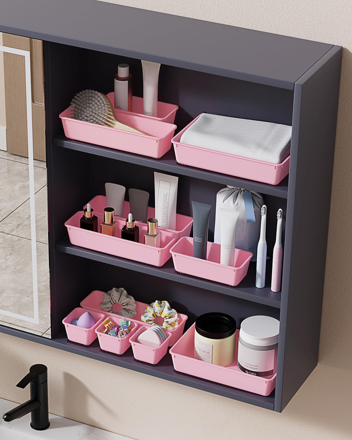 BiuLeon 25 PCS Plastic Drawer Organizers Set, 4-Sizes Vanity and Makeup Organizer, Desk and