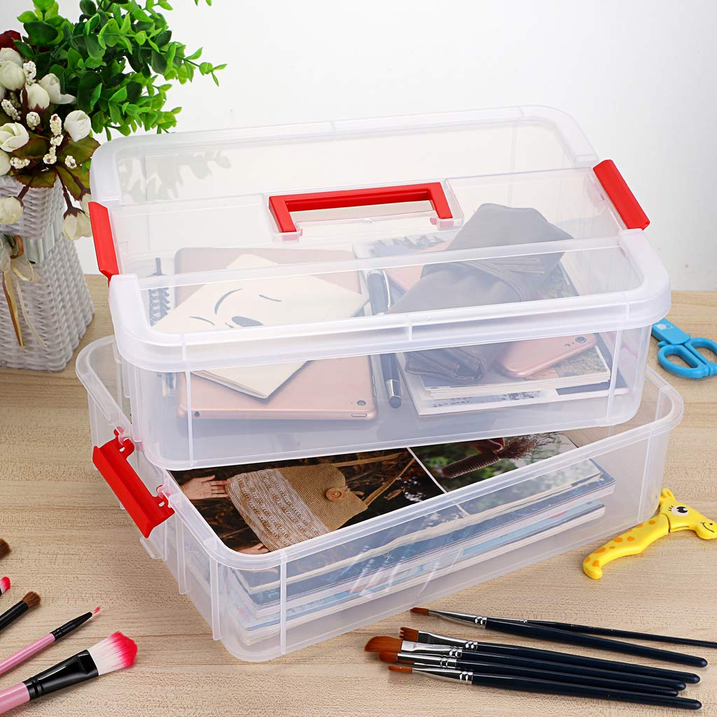 BTSKY 2 Layer Stack & Carry Box, Plastic Multipurpose Portable Storage Container Box Handled