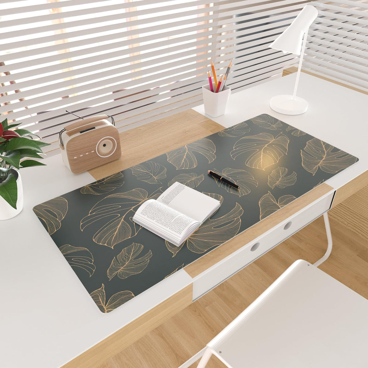 Colorful Star Monstera Leaves PU Leather Desk Mat, 31.5" x 15.7"