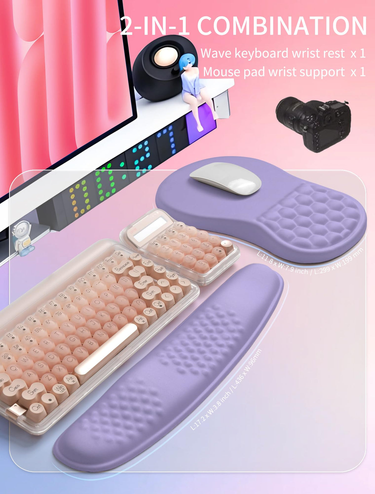 Hokafenle 2in1 Combination, Wave Keyboard Wrist Rest and Ergonomic Curvature Mouse Pad Wrist