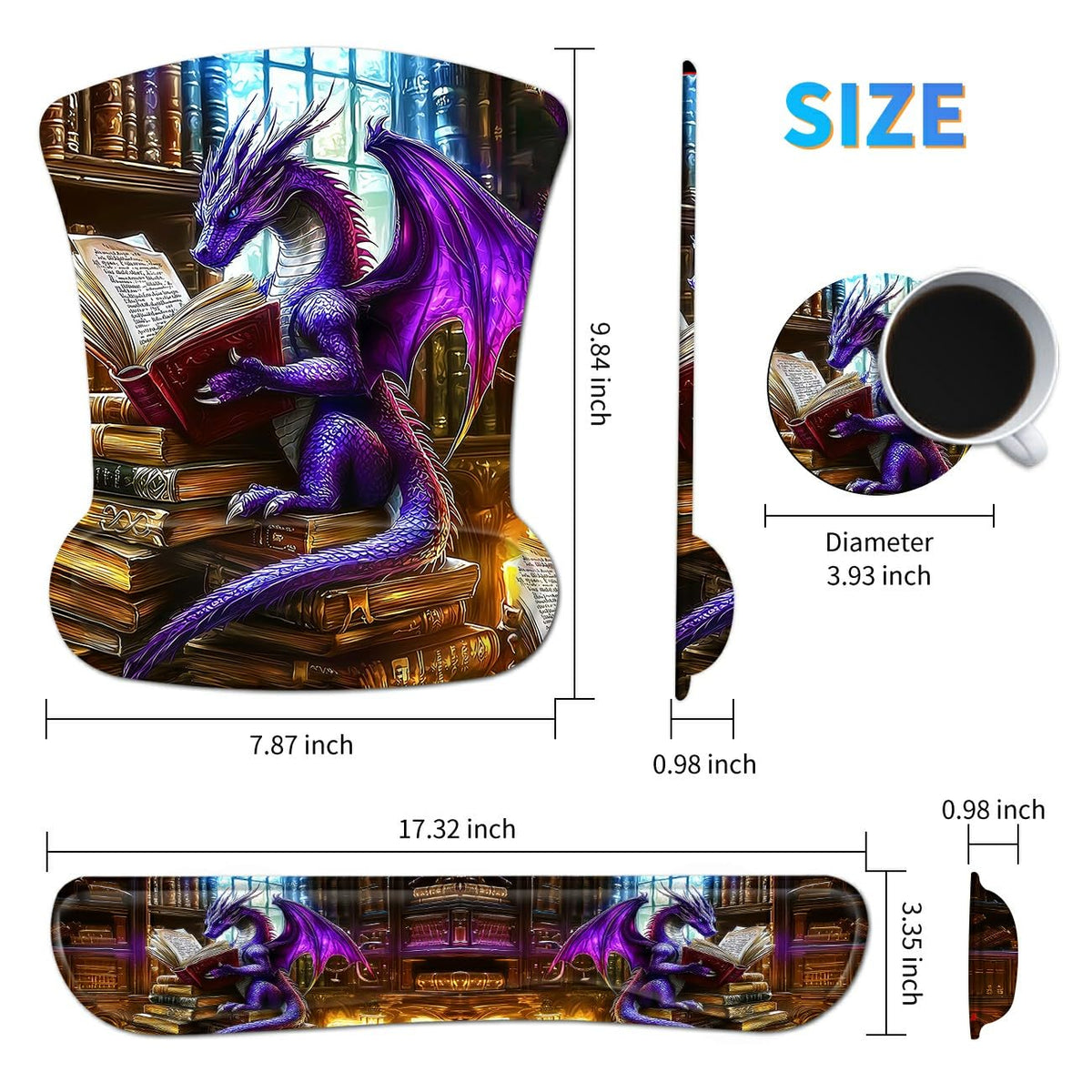 Dikoer 3Pcs Ergonomic Memory Foam Keyboard Wrist Rest Pad Set, Dragon Book
