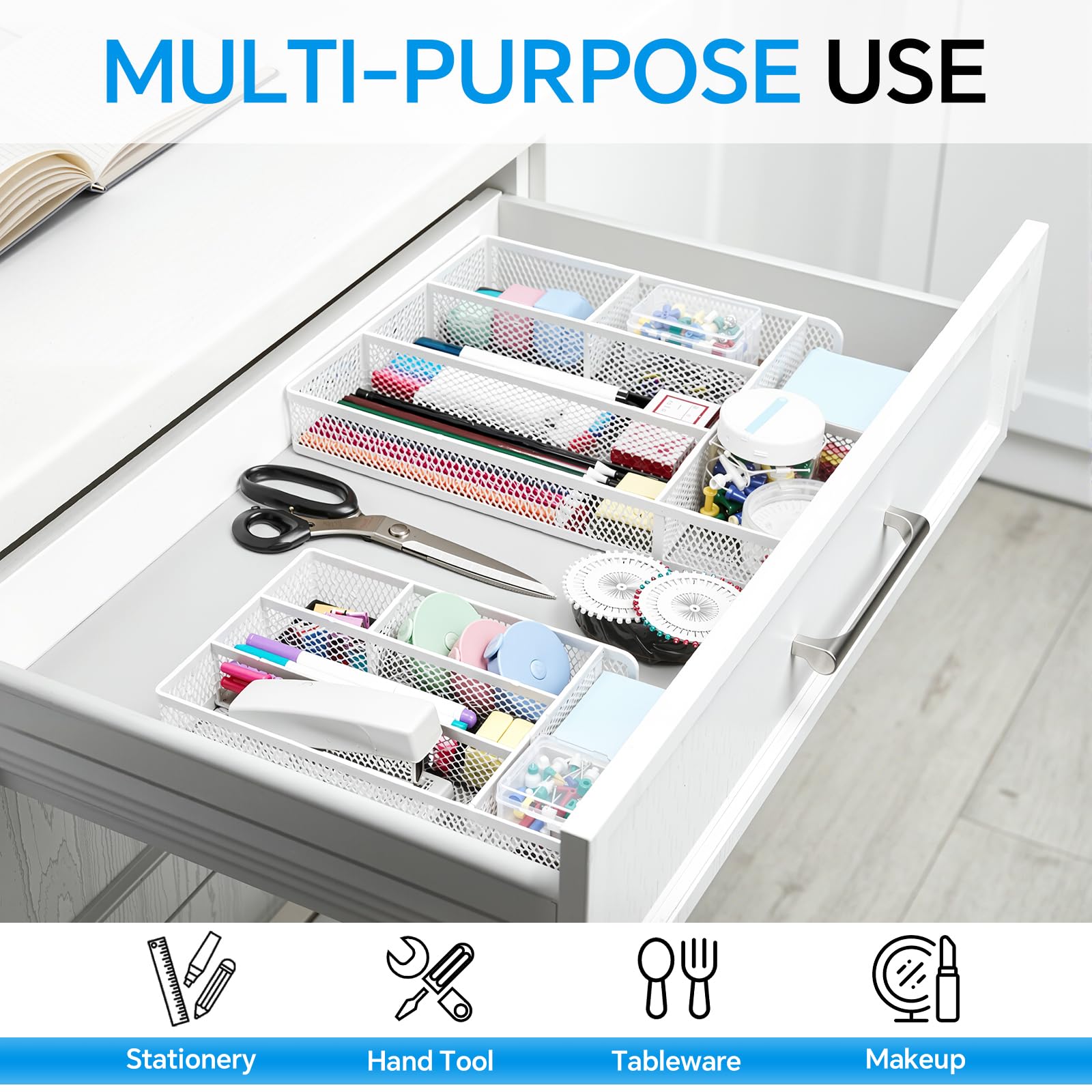 Desk Drawer Organizer, Office Drawer Divider Organizer Tray with 6 Compartments, Metal Mesh Desktop