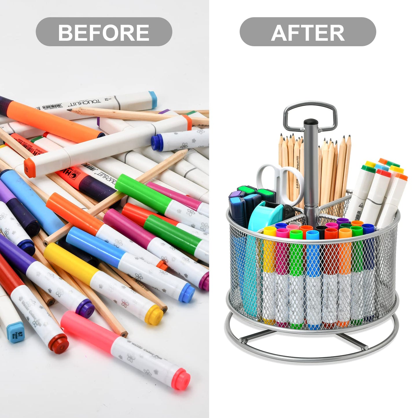Marbrasse Mesh Desk Organizer, 360-Degree Rotating Multi-Functional Pen Holder, 4 Compartments