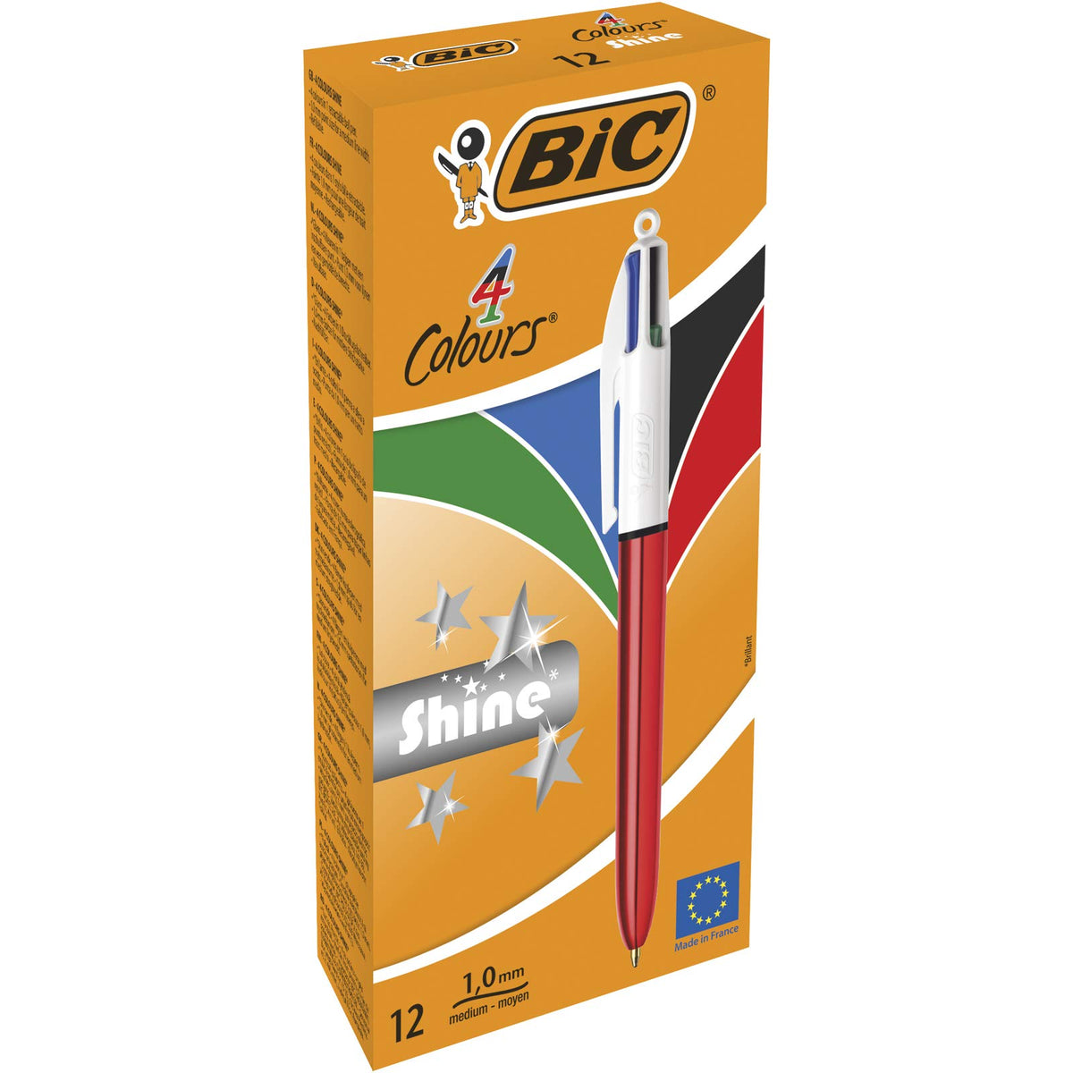 BIC 4 Colours Shine Ballpoint Pens Medium Point (1.0 mm) - Metallic Red Barrel, Box of 12