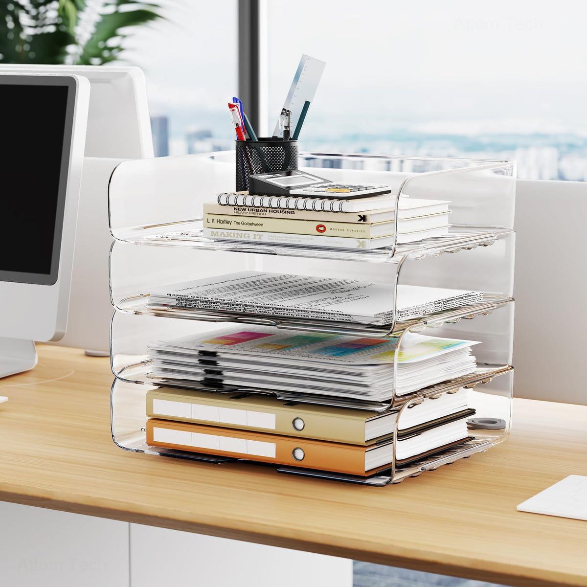 Tomorotec 4 Pack Clear Stackable Letter Tray, A4 Desk File Organizer Set