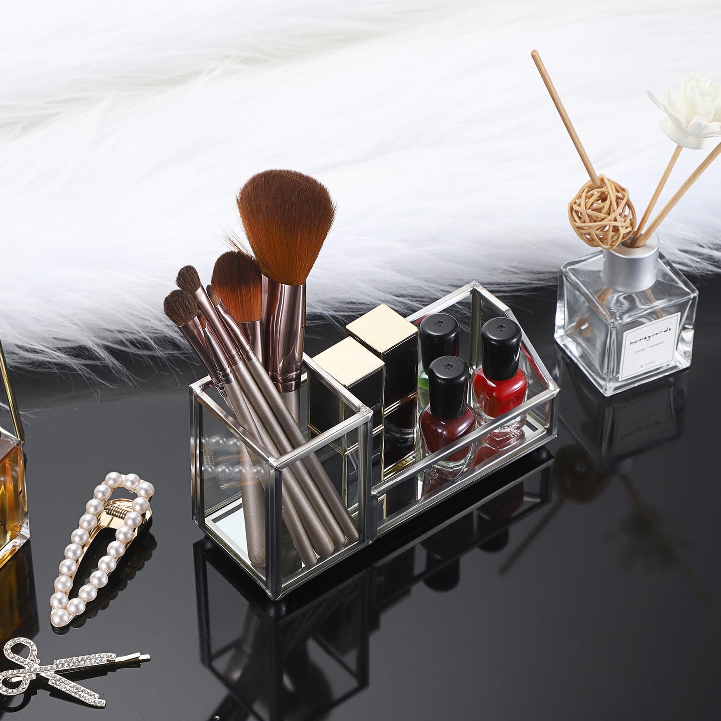 Hipiwe Glass Business Card Holder with Pen Cup for Desk, 2 Slots Silver