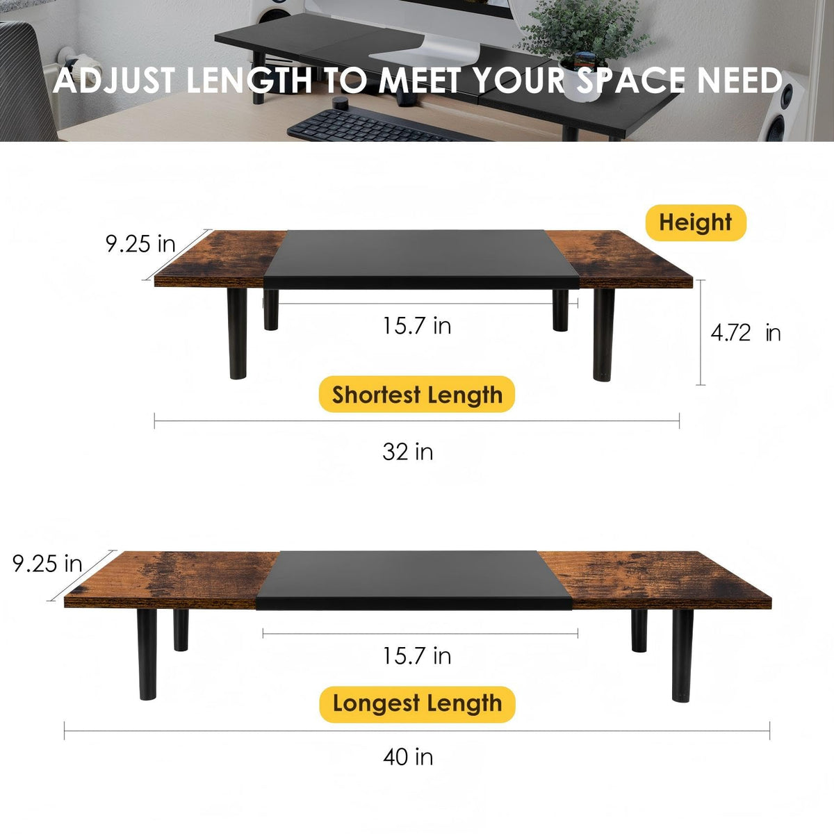 Across-Star Dual-Monitor-Stand-Riser-For-Desk Adjustable Length 32-40 Inch，Large Desktop Computer