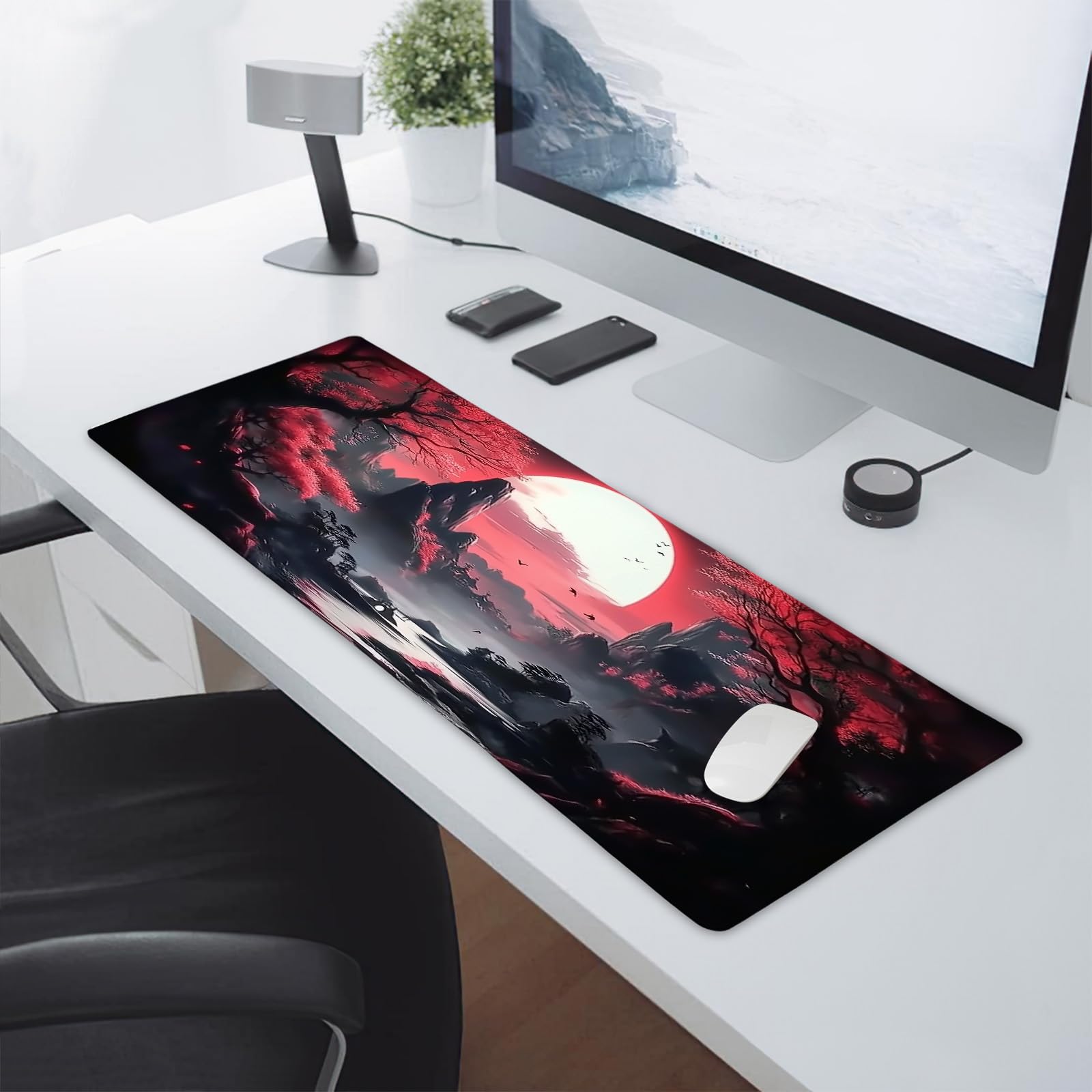 Black Red Japanese Gaming Mouse Pad XL Moon Sakura Cherry Blossom Extended Big Large Desk Mat