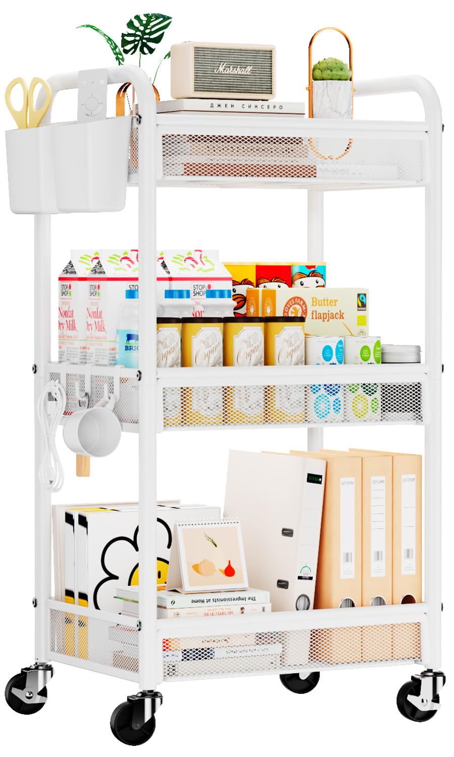 YASONIC 3 Tier Metal Rolling Cart, White Utility Storage Cart with Wheels