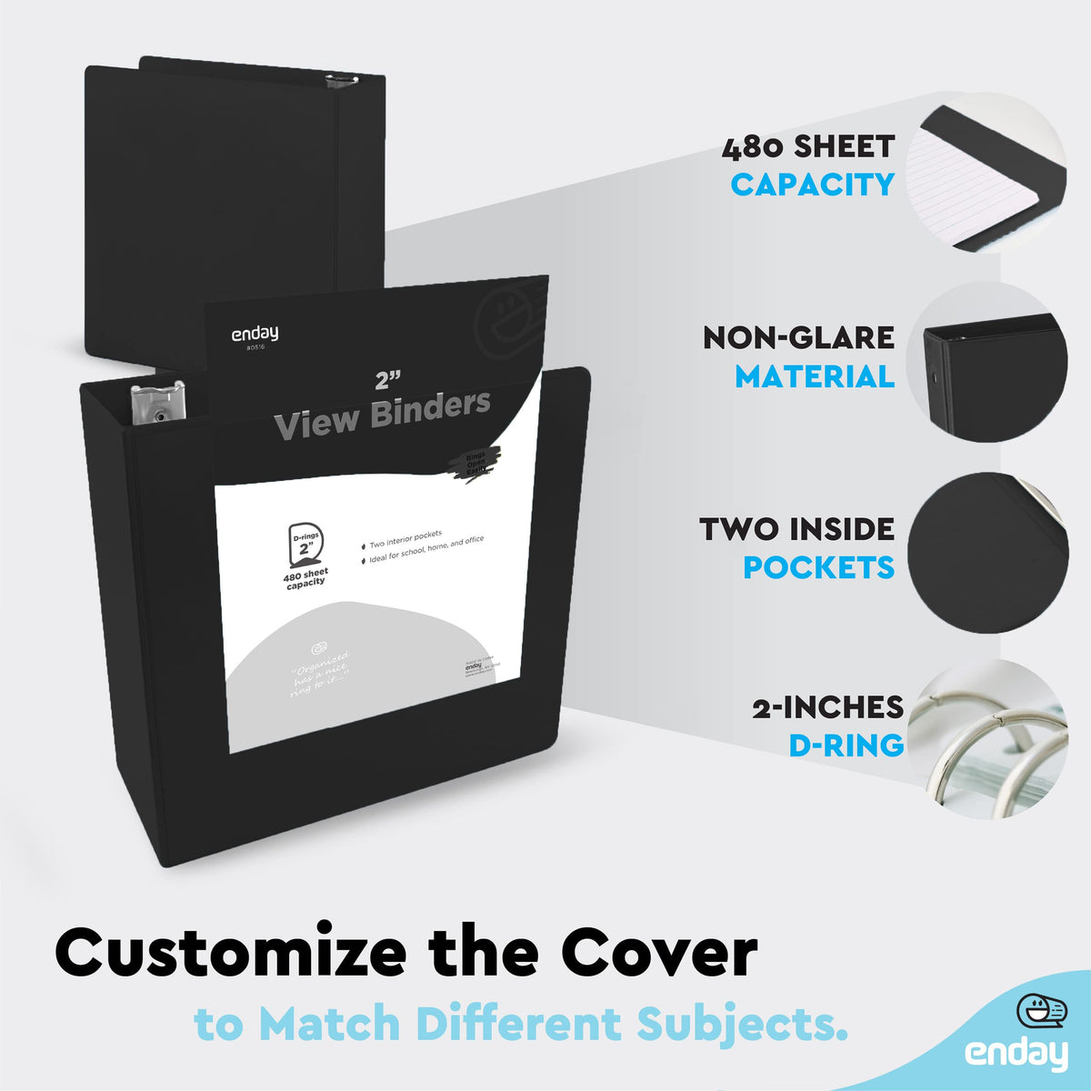 Enday 2 Inch 3 Ring Binder, Black Heavy Duty Three Ring Binder, 480 Sheets Capacity - 2 Inch Binder