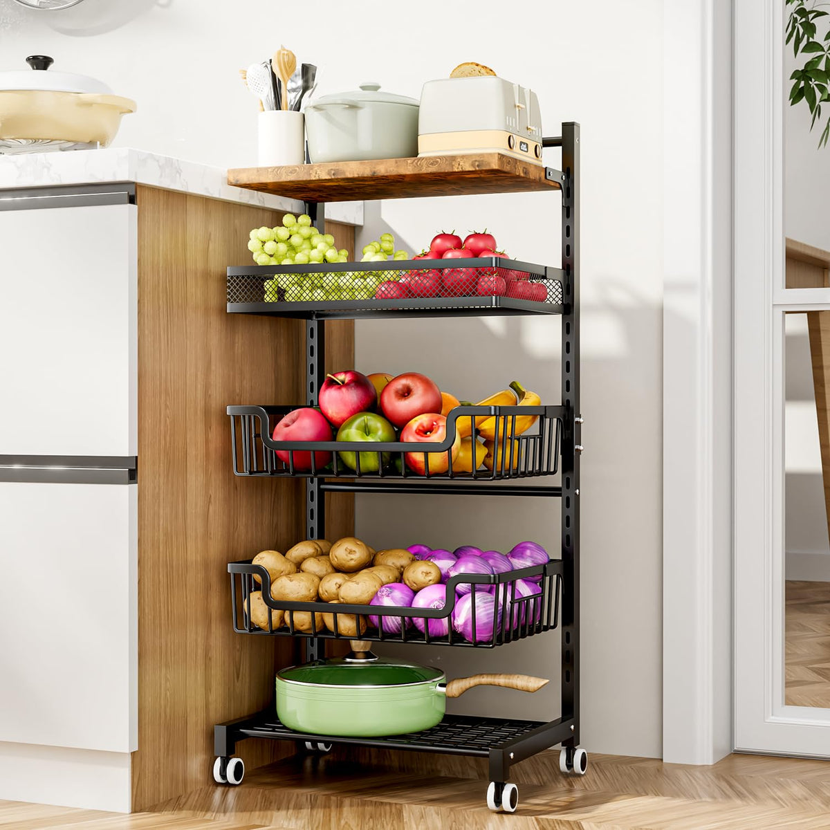 HapiRm Fruit Basket Kitchen Cart - Floor 5 Tier Adjustable Fruit and Vegetable Storage Rack, Large