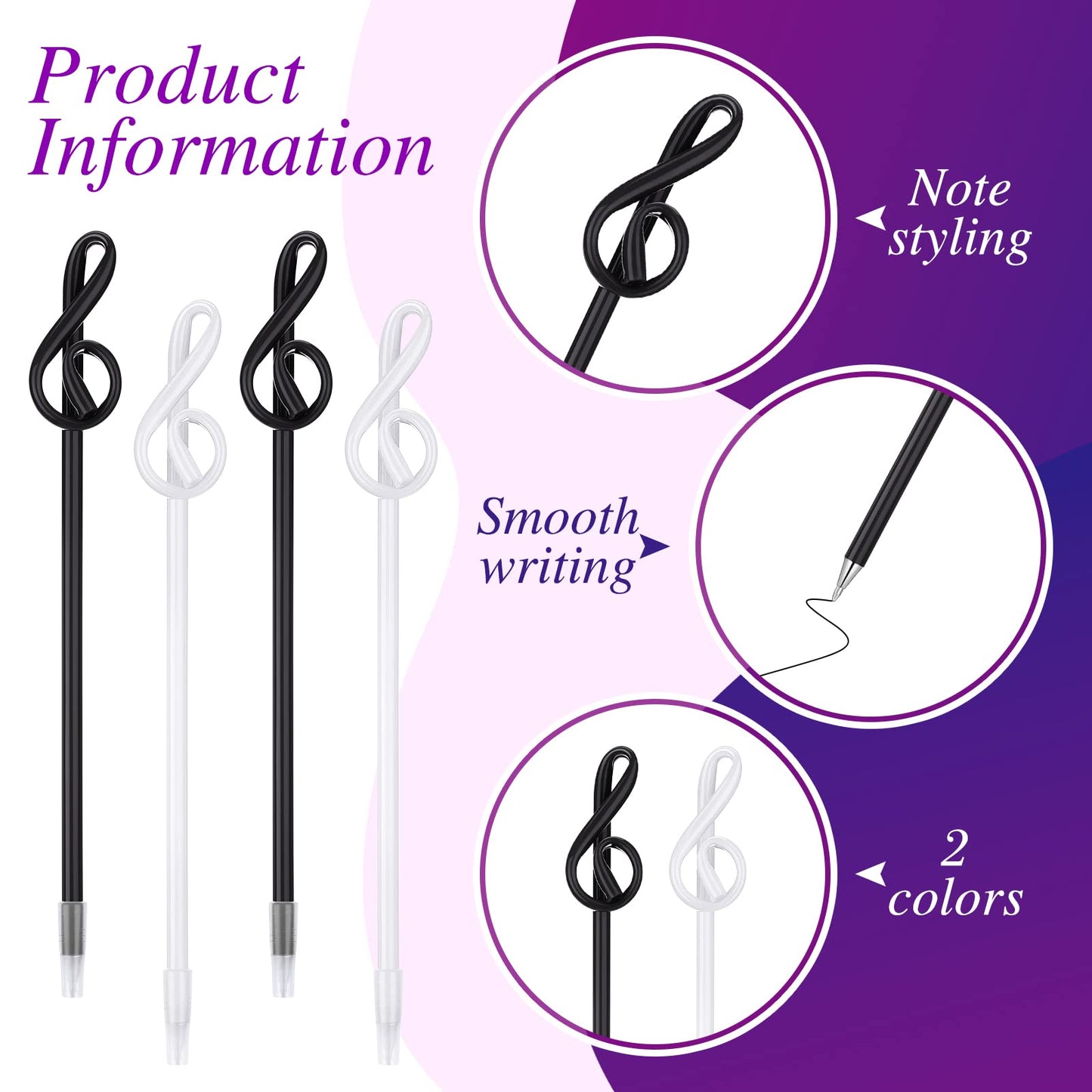 Lincia 100 Pcs Music Note Pens Bulk Musical Ballpoint Pens, Black, White