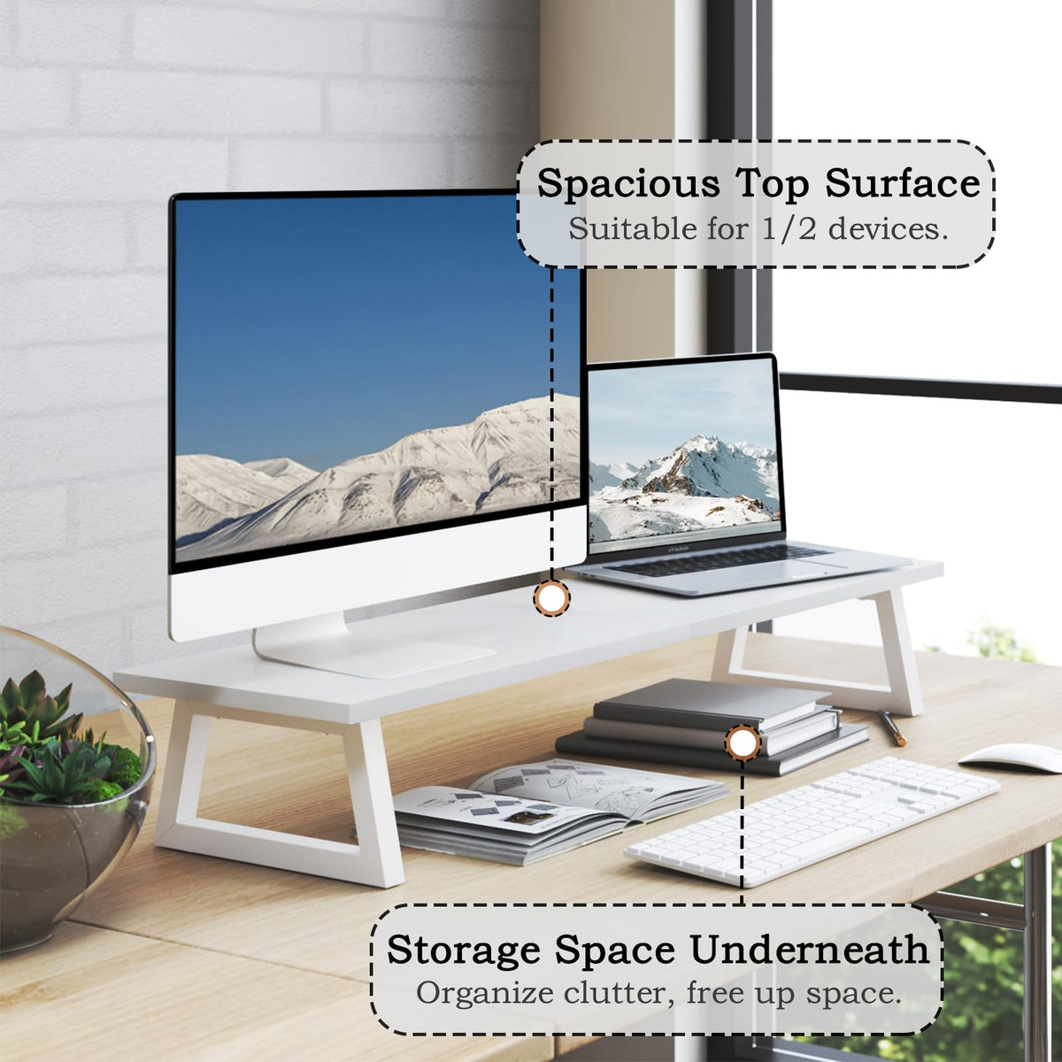 TEAMIX White Dual Monitor Stand Riser, 31.5 inch Long Stand, Desk Organizer