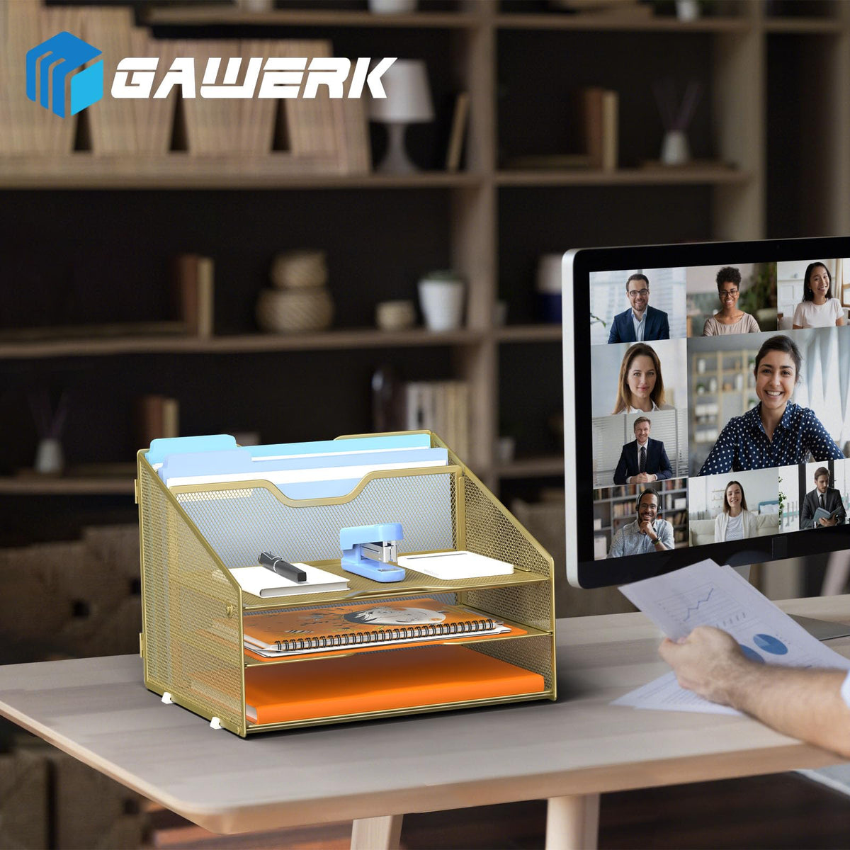 GAWERK Letter Tray Organizer, Mesh Desk File Organizer with 3 Paper Trays and 2 Vertical Upright