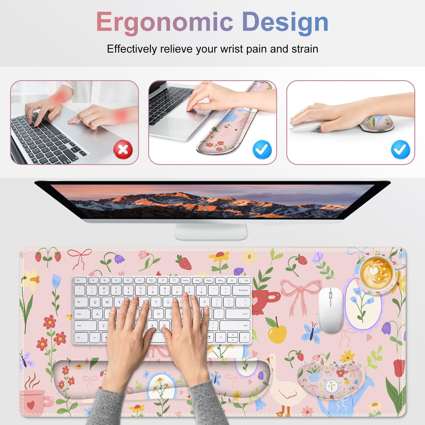 NXZGO Large Gaming Mouse Pad Set, Adorable Style 4 in1 Ergonomics Keyboard Desk Mat with Memory