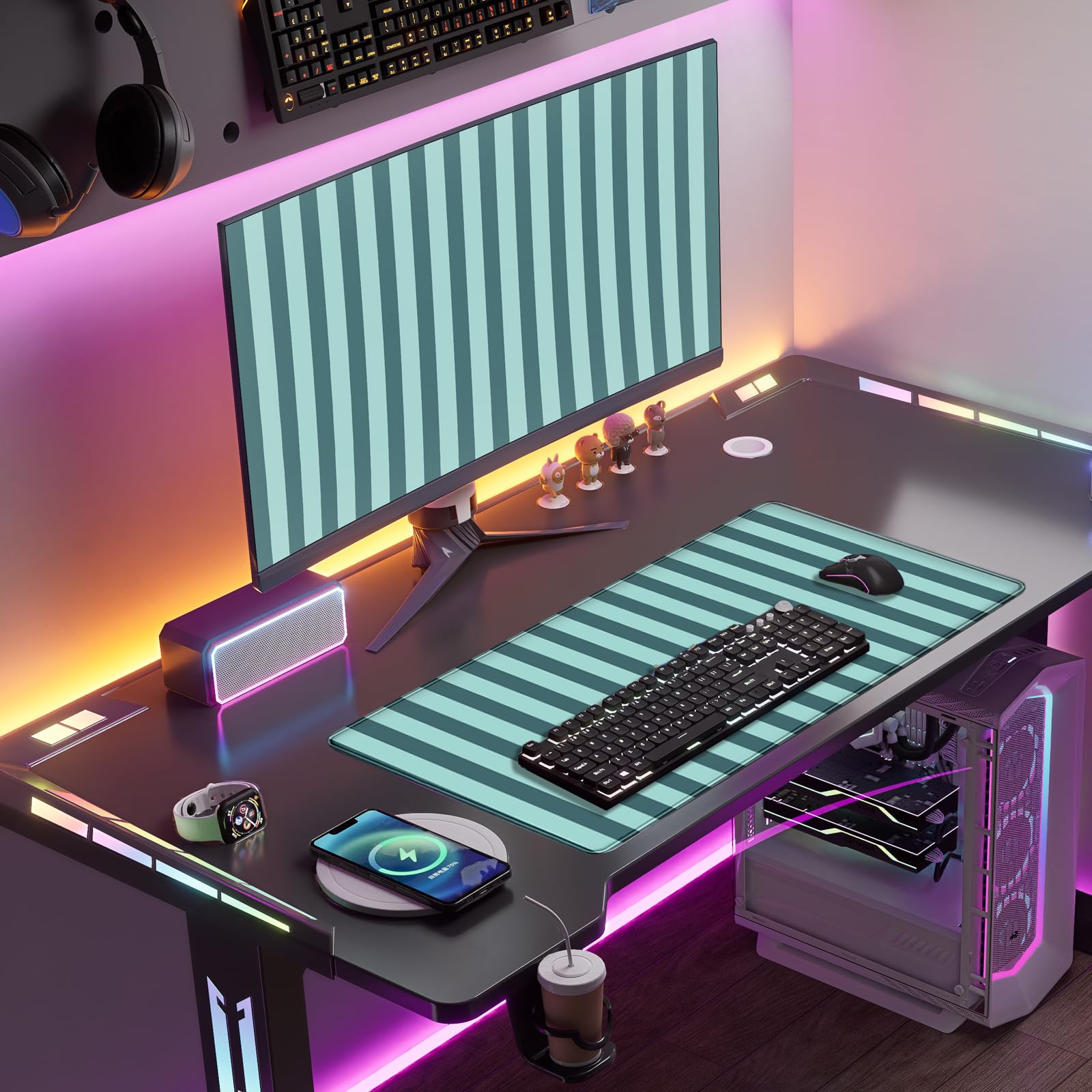Teal Blue Striped Desk Mat Cute Pastel XXL Large Gaming Mouse Pad Desk Pad Kawaii Cozy Aesthetic