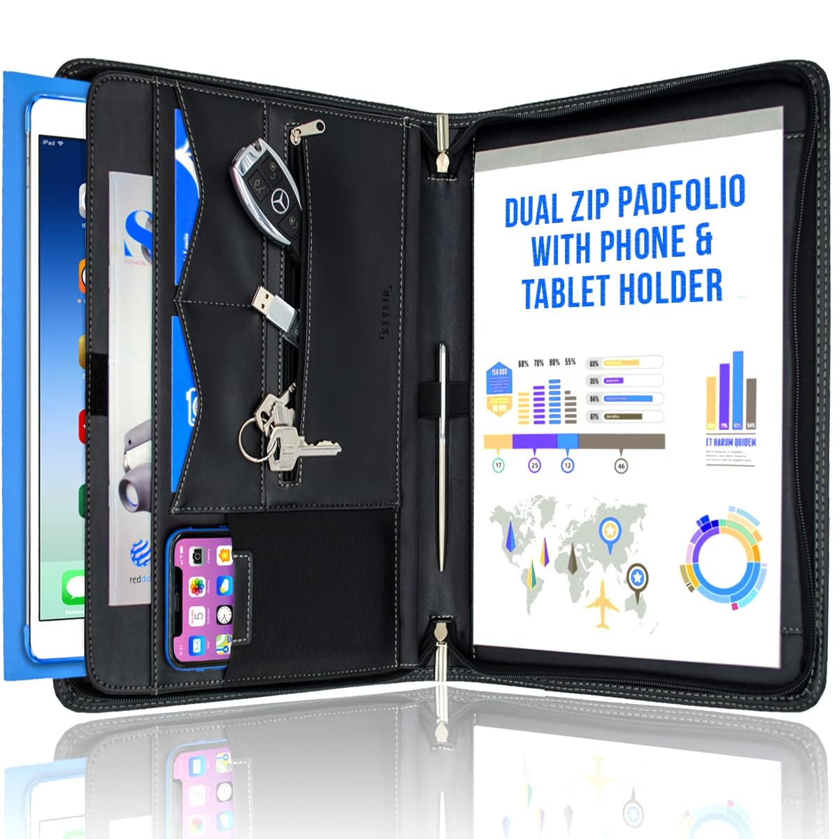 STYLIO Zipper Padfolio Portfolio Binder Organizer | Faux Leather Portfolio for Resume, Documents