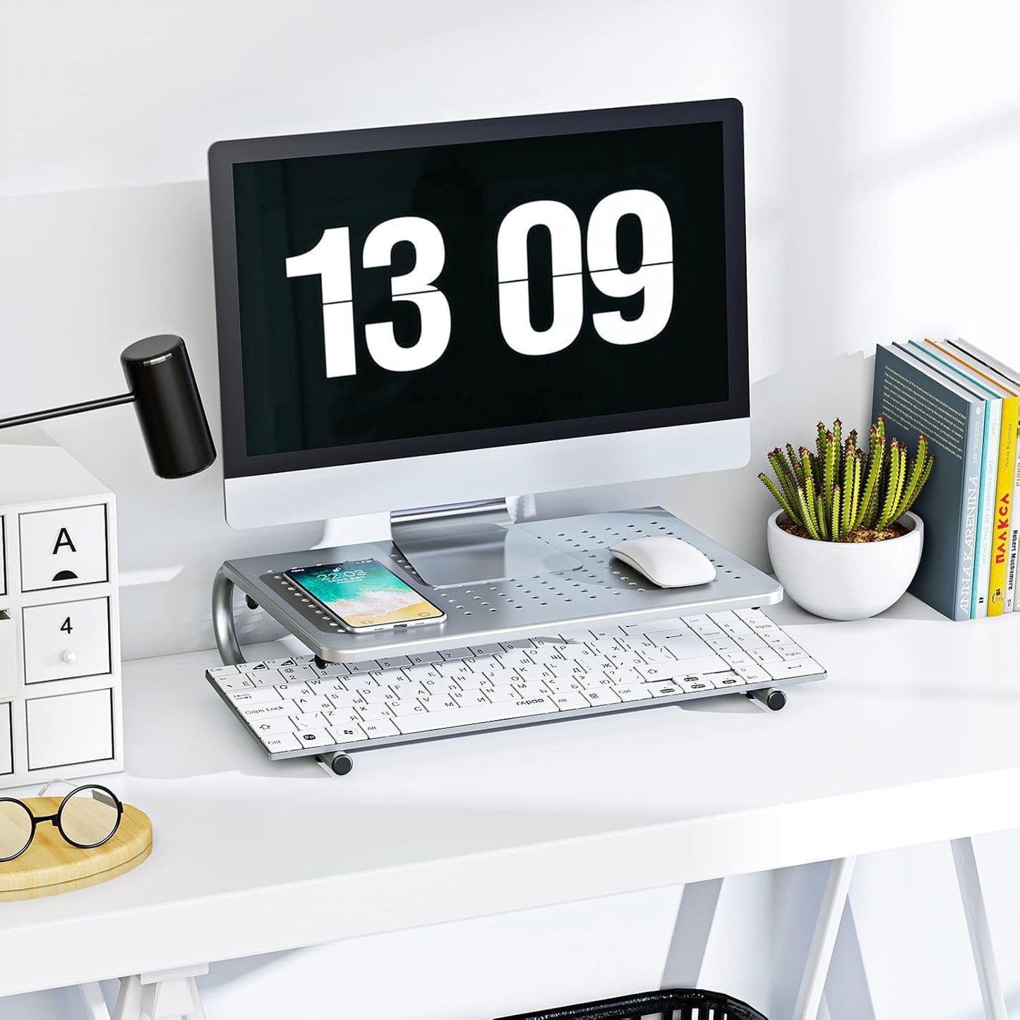 HUANUO Monitor Riser for Desk, Laptop Stand with Vented Steel Shelf, Silver