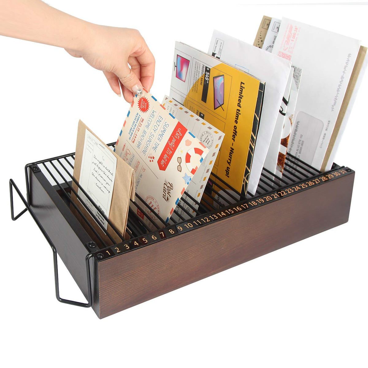 JACKCUBE Design Wood Monthly Office Desktop Bill & Mail & File Organizer Storage with Steel Divider