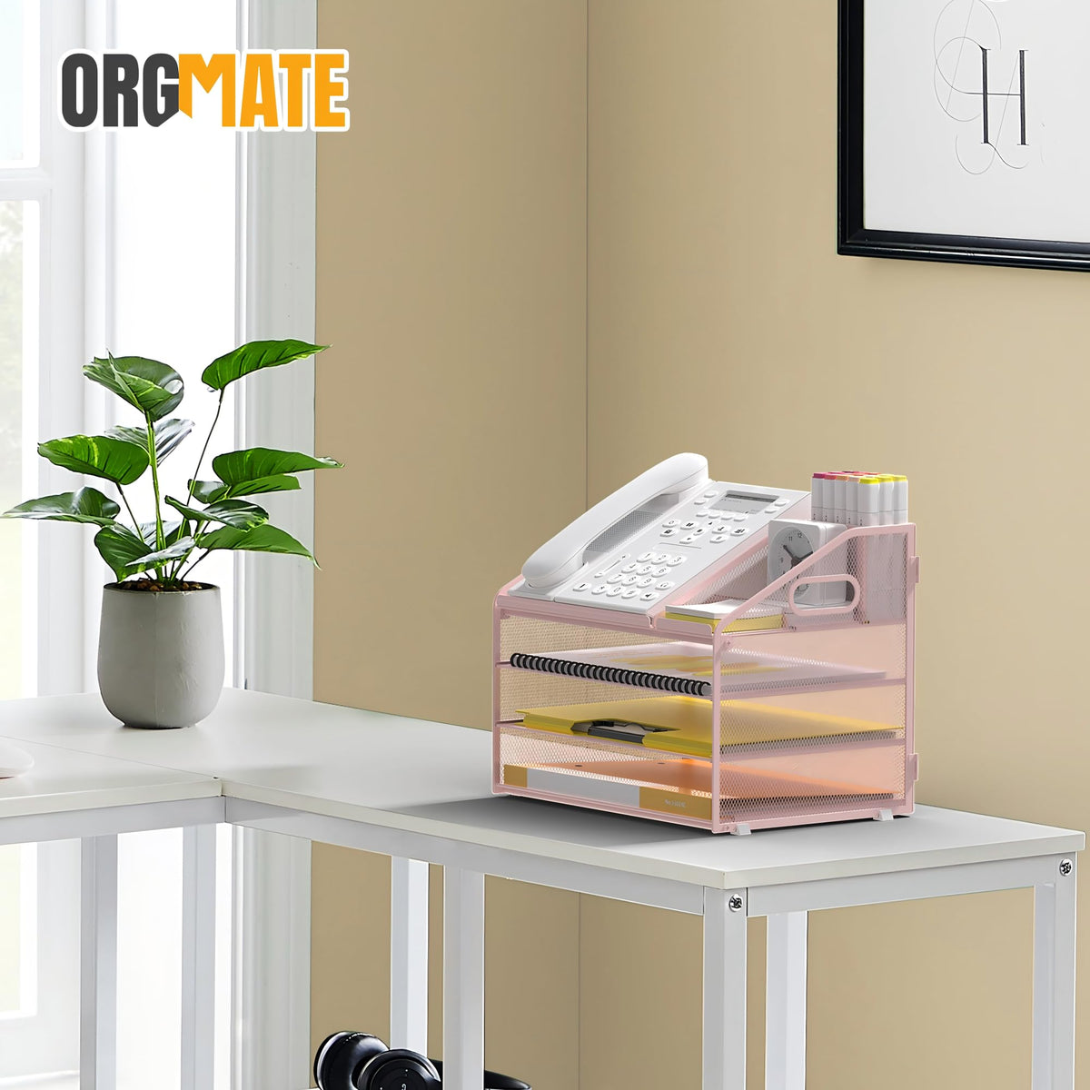 OrgMate 4 Tier Mesh Desk Organizer with Pen Holder and Handle Letter Tray