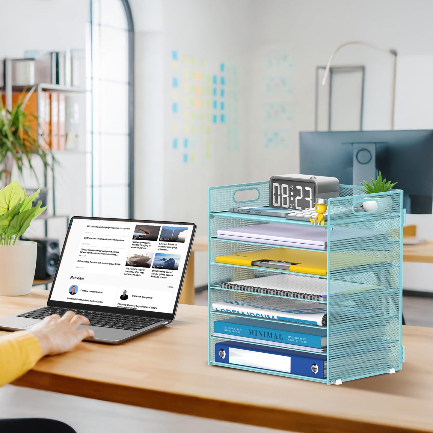 ReePlan 7 Tier Paper Organizer for Desk with Letter Trays & Handle Blue