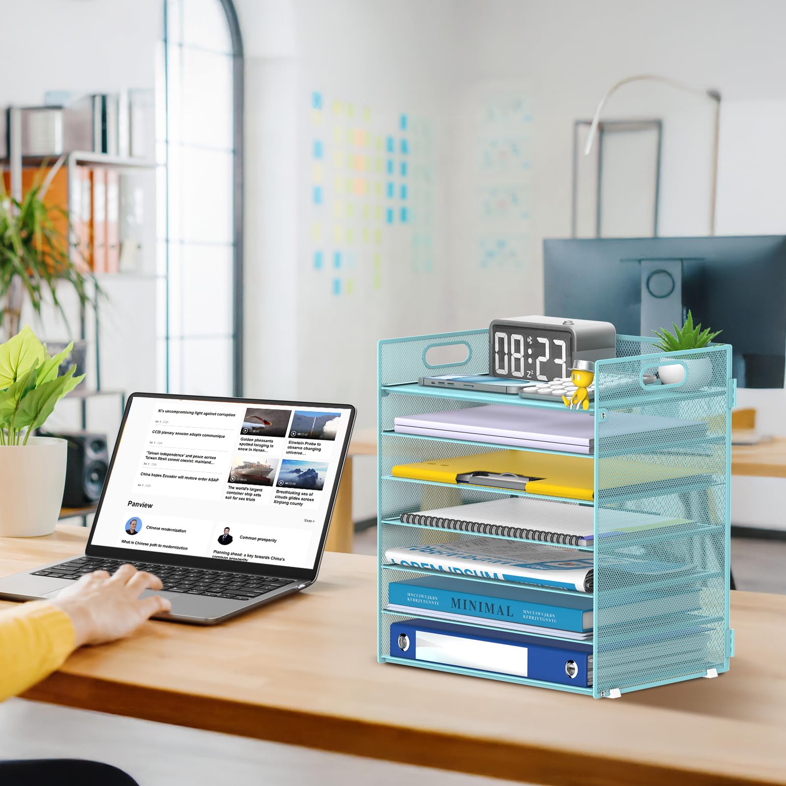 ReePlan 7 Tier Paper Organizer for Desk with Letter Trays & Handle Blue
