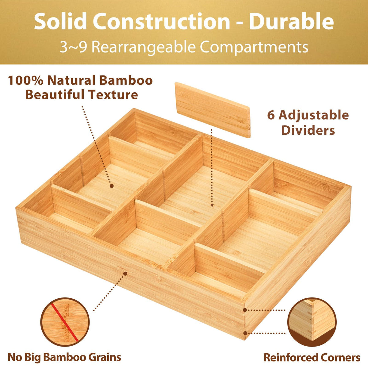 Umilife Bamboo Desk Drawer Organizer, Wood Junk Organizer Tray with Adjustable Dividers, Anti-Skip