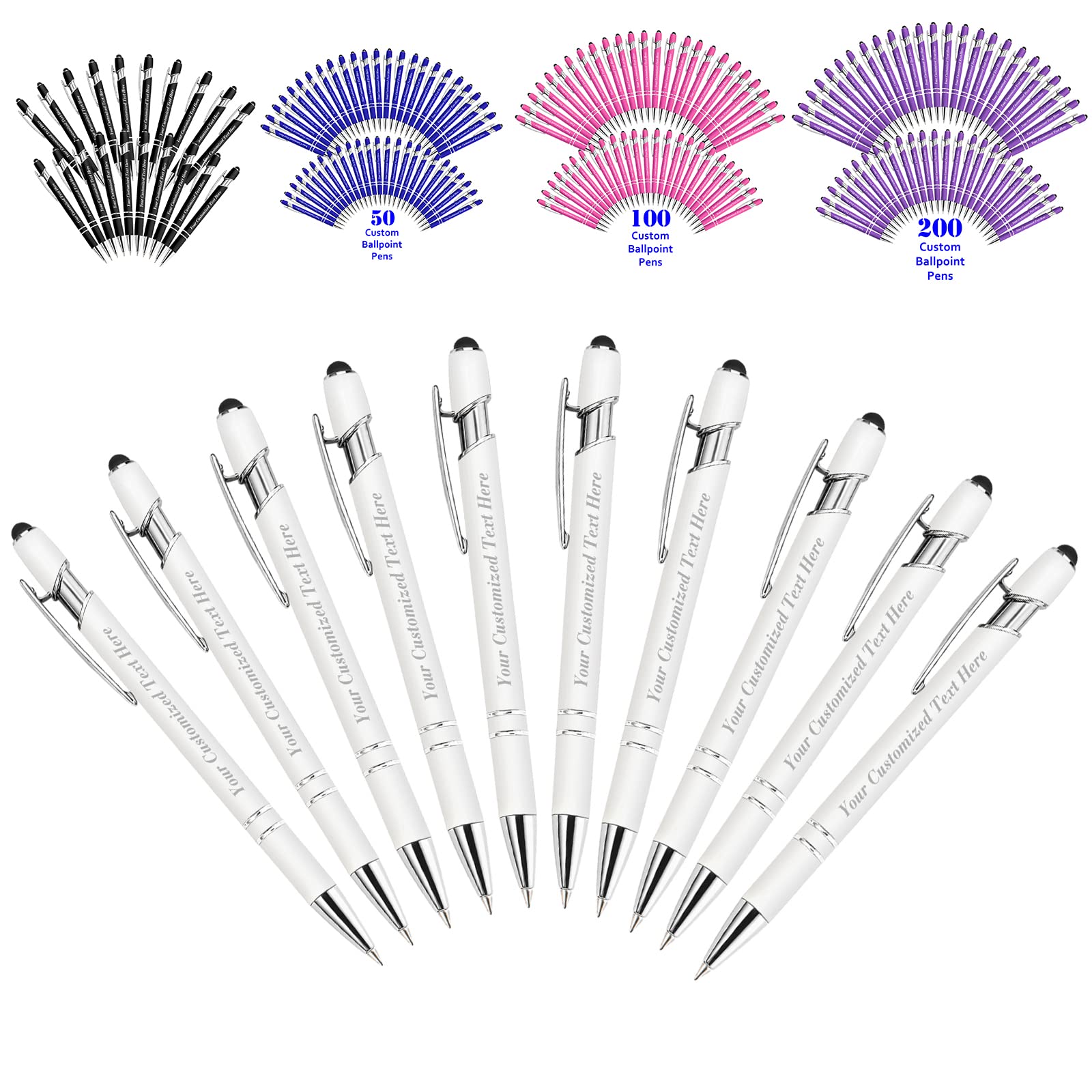 10 Pcs Personalized Pens in Bulk with Stylus Tip - Custom Print with Name 0.5 mm Soft Touch Medium