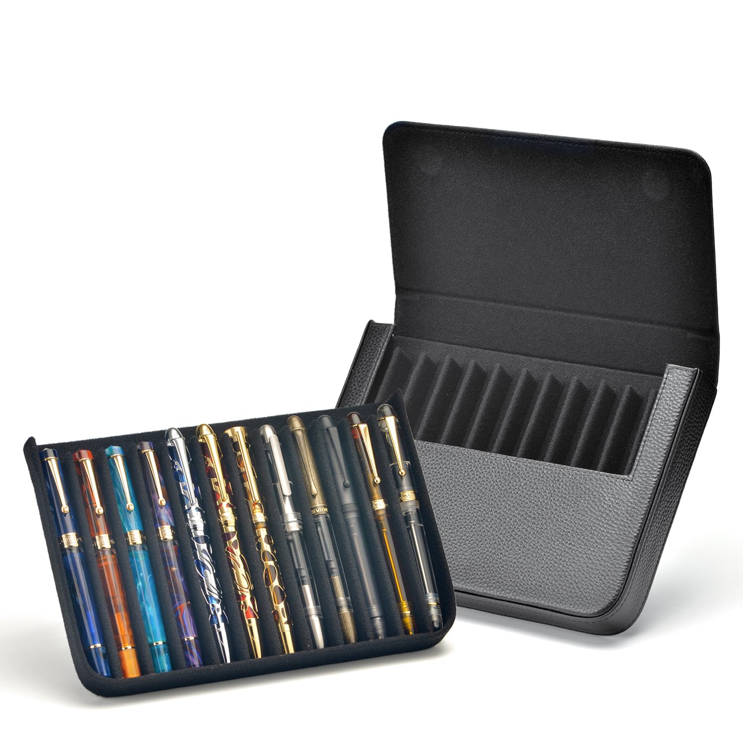 Lanxivi 12 Fountain Pen Case Genuine Black Leather Organizer, Portable Pen Bag Pouch Drawer Style