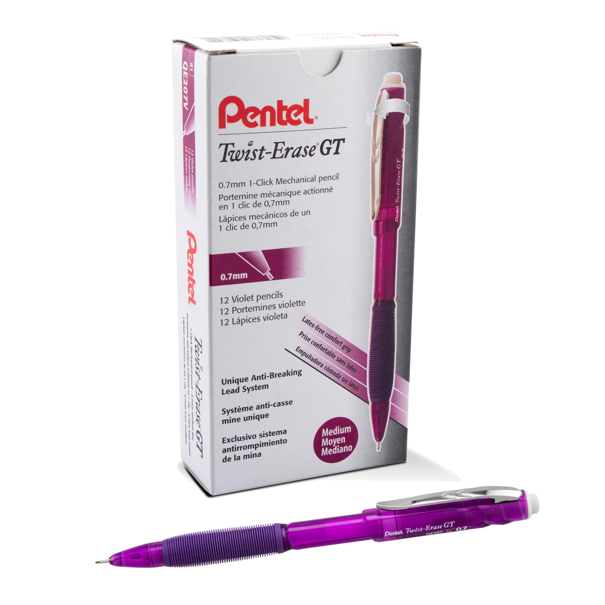 Pentel Twist-Erase GT, (0.7mm), Mechanical Pencil Transparent Violet, Box of 12 (QE207V)
