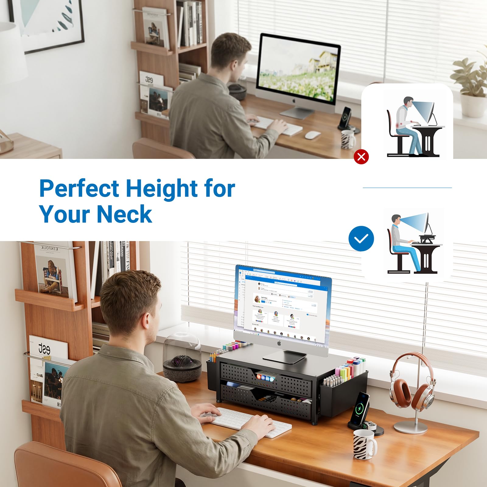 OPNICE Desk Organizer and Accessories, 2-Tier Computer Monitor Stand Riser with Drawer and 2 Pen